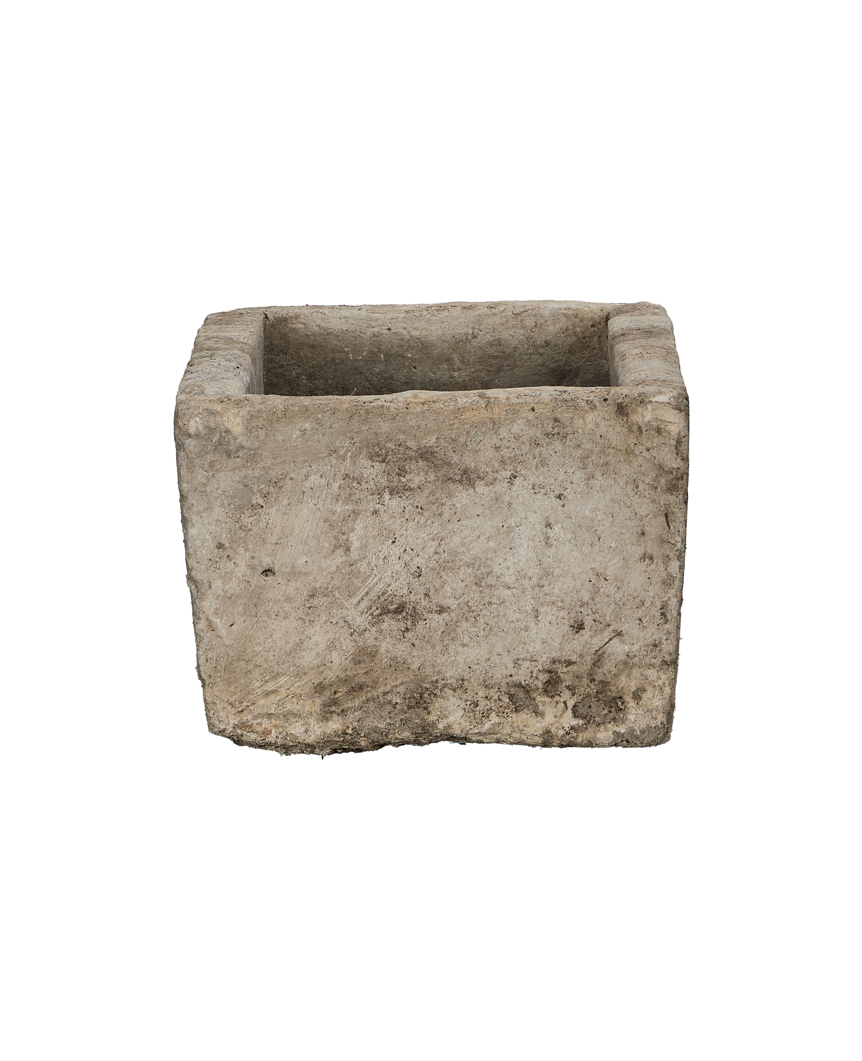 Vintage Indonesian limestone trough, top view reveals rustic inner texture and aged patina.