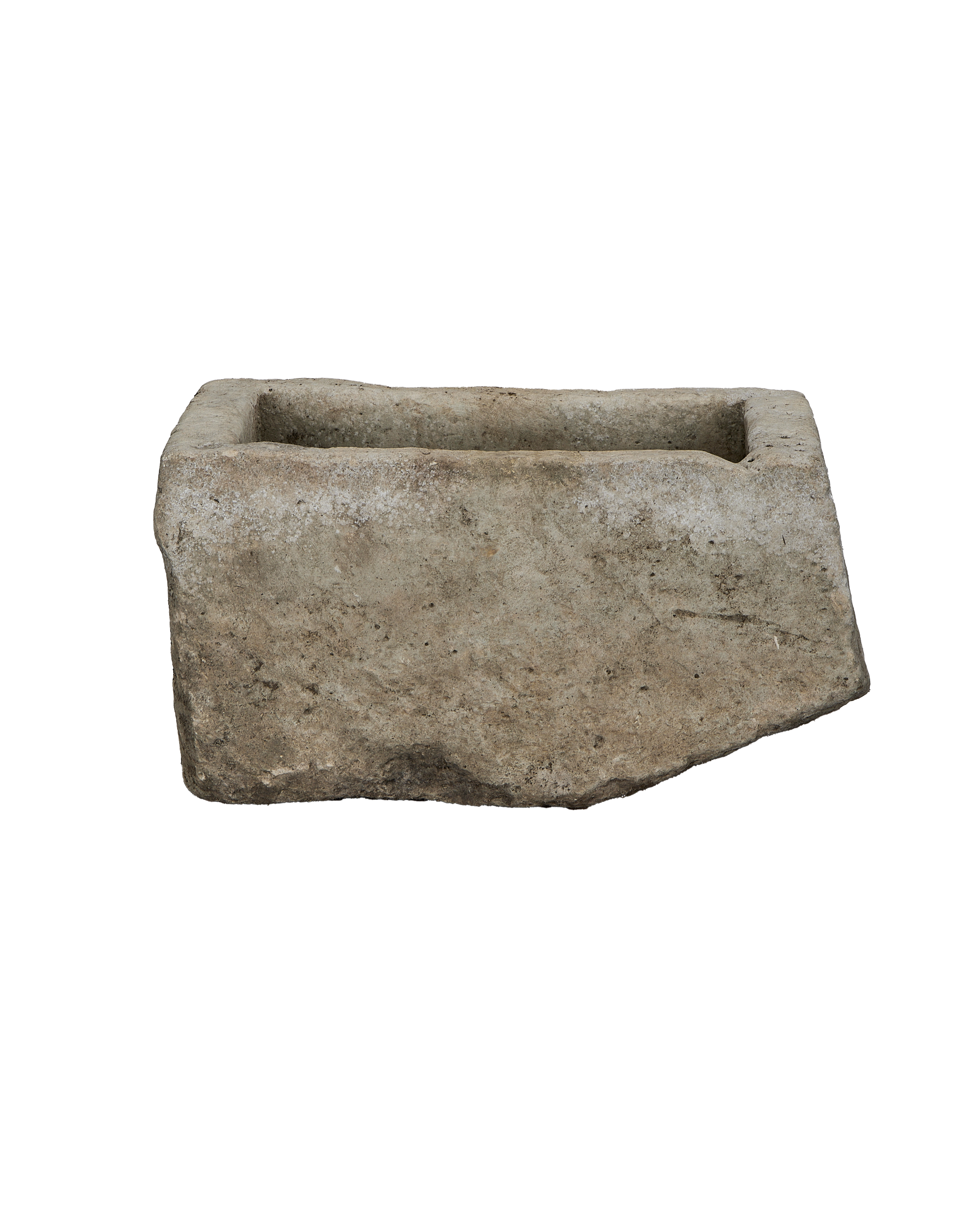 Vintage rectangular limestone trough, worn texture with natural imperfections from Indonesia, front view.