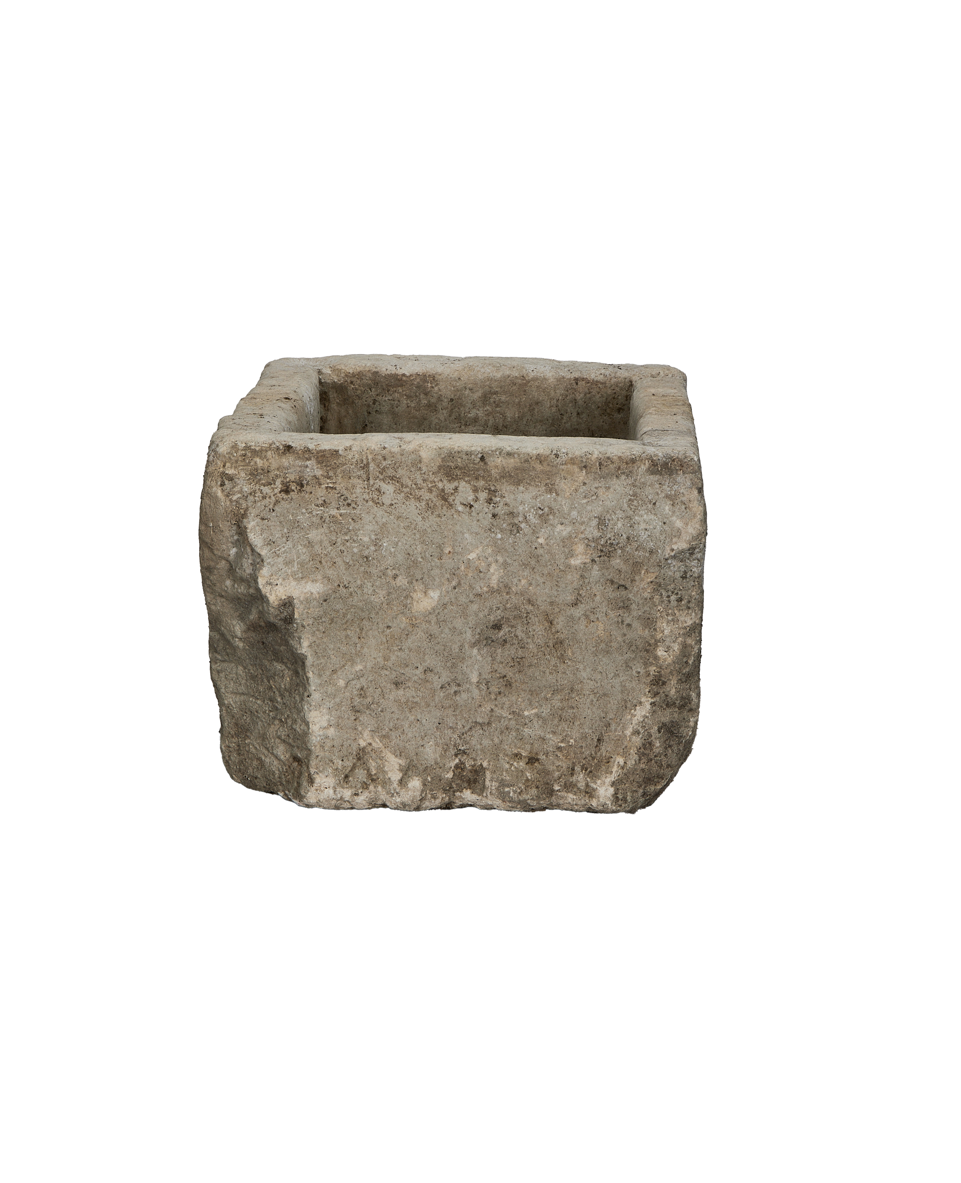 Vintage Indonesian OAK limestone trough, showing a wide top opening and textured sides.