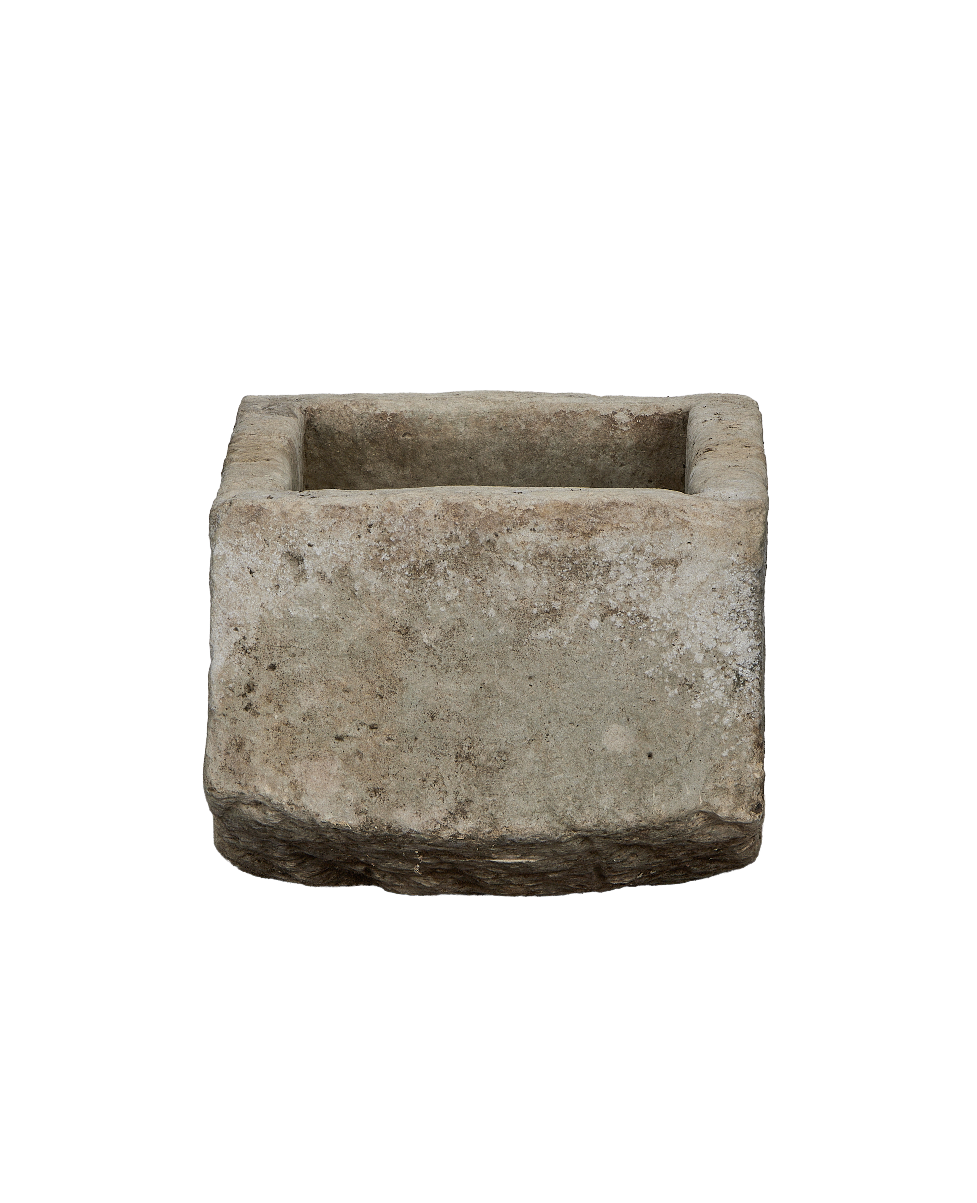 Vintage Indonesian limestone trough (OAK) front angle, showing weathered texture and rectangular shape.