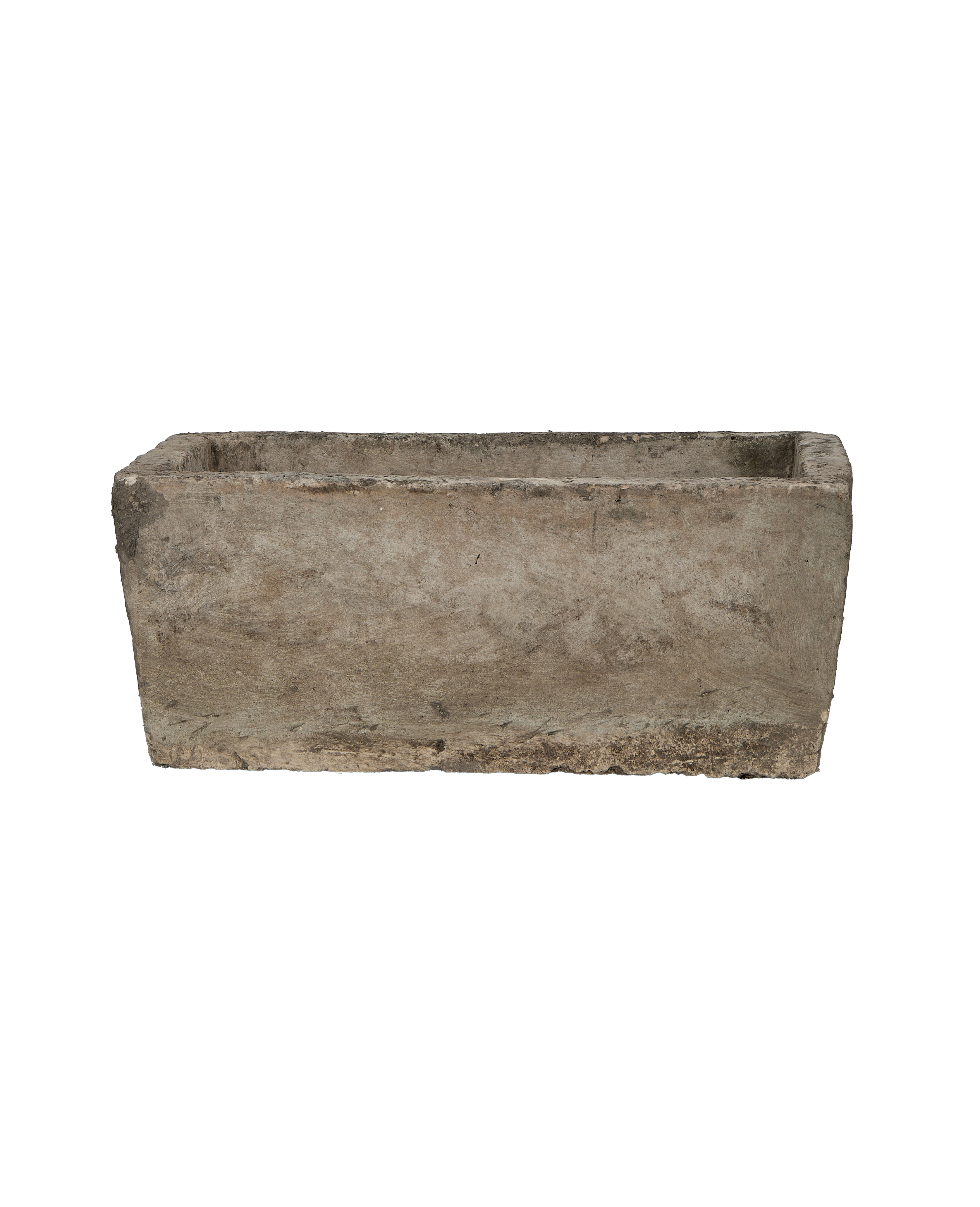 Rectangular vintage Indonesian limestone trough with textured weathered sides, showcasing its aged character.