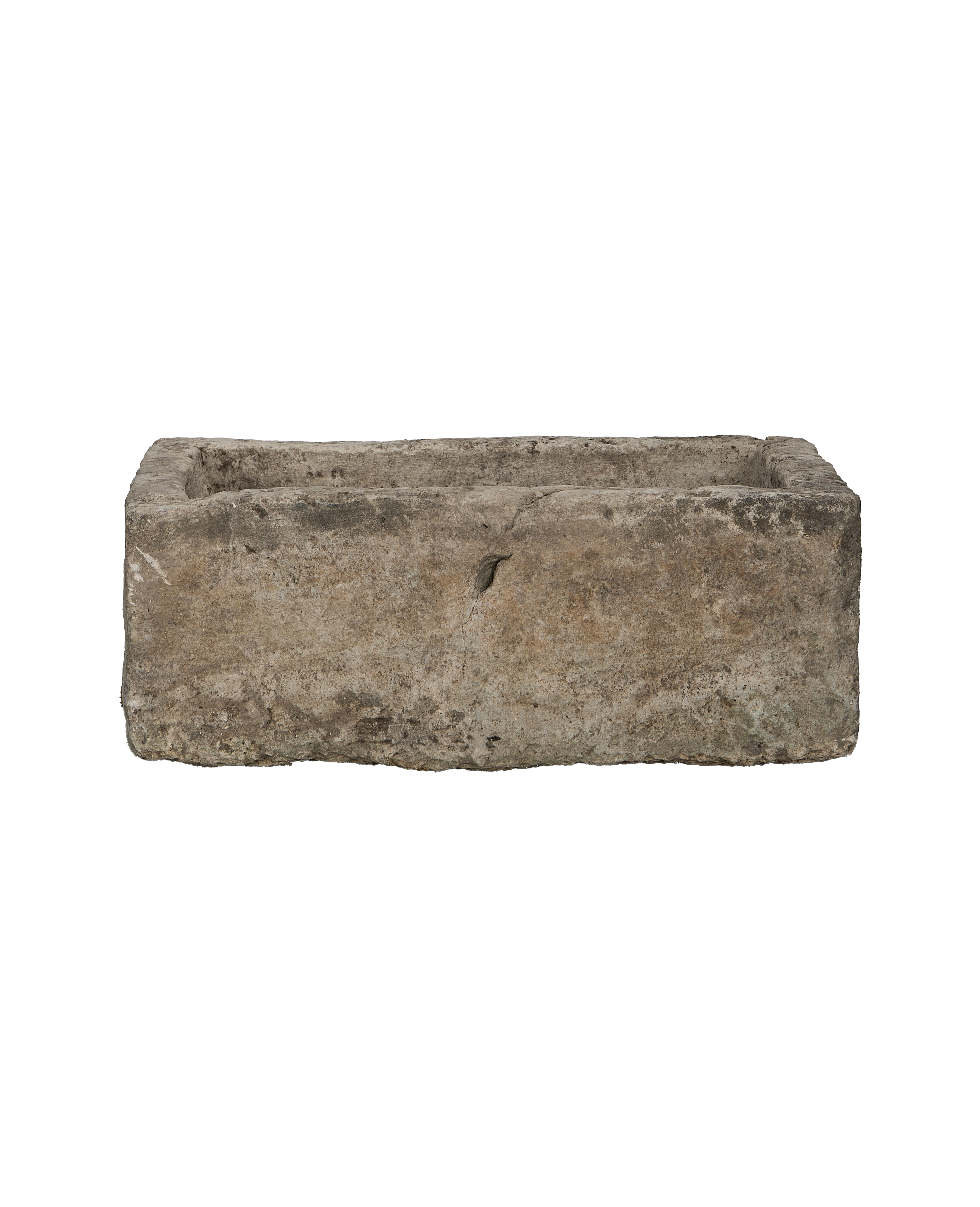 Long vintage Indo limestone rectangular trough planter with textured surface.