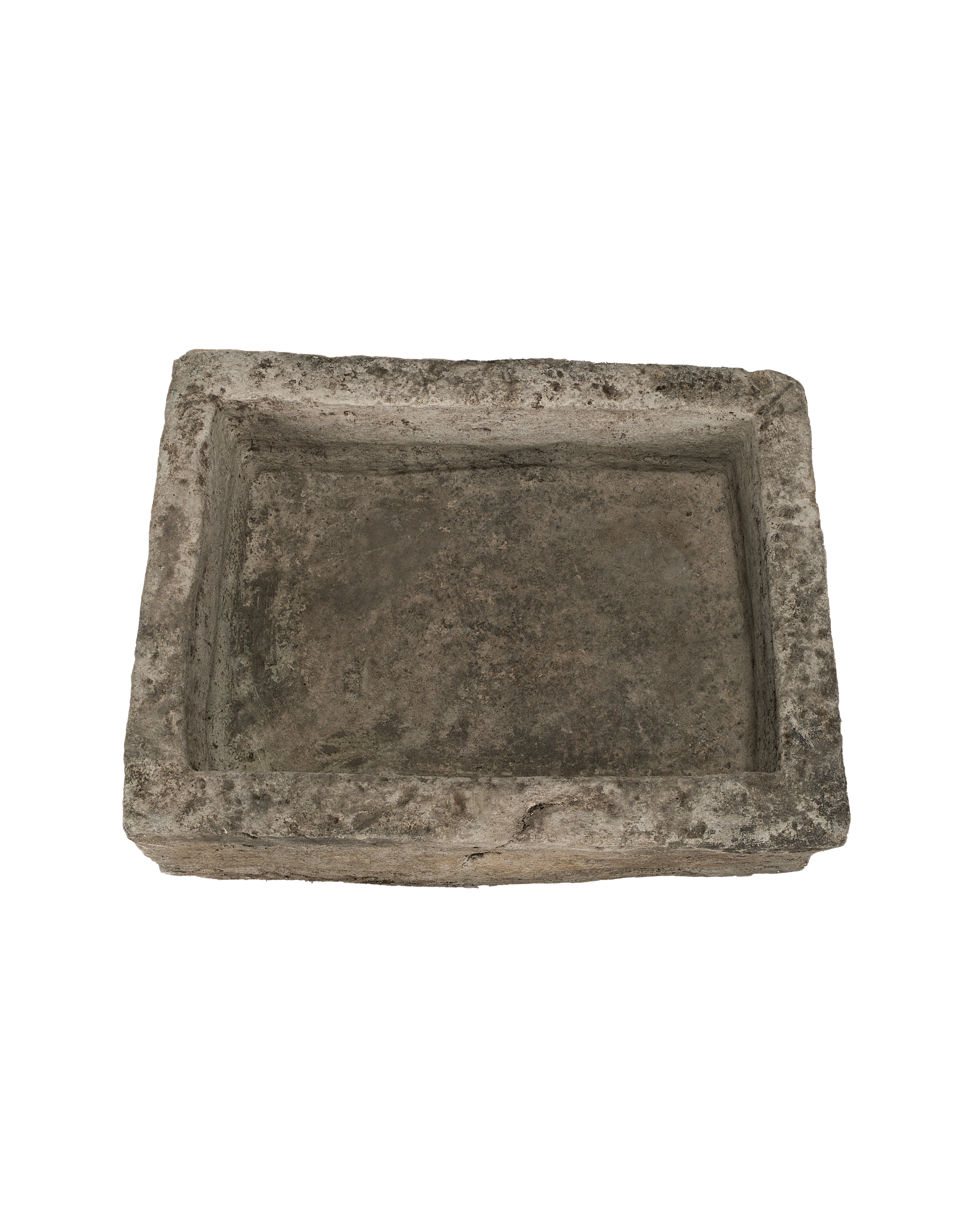 Vintage Indonesian limestone trough, rectangular, from above, highlighting aged texture.