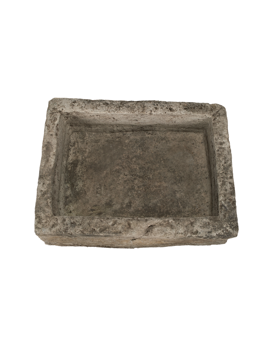 Vintage Indonesian limestone trough, rectangular, from above, highlighting aged texture.