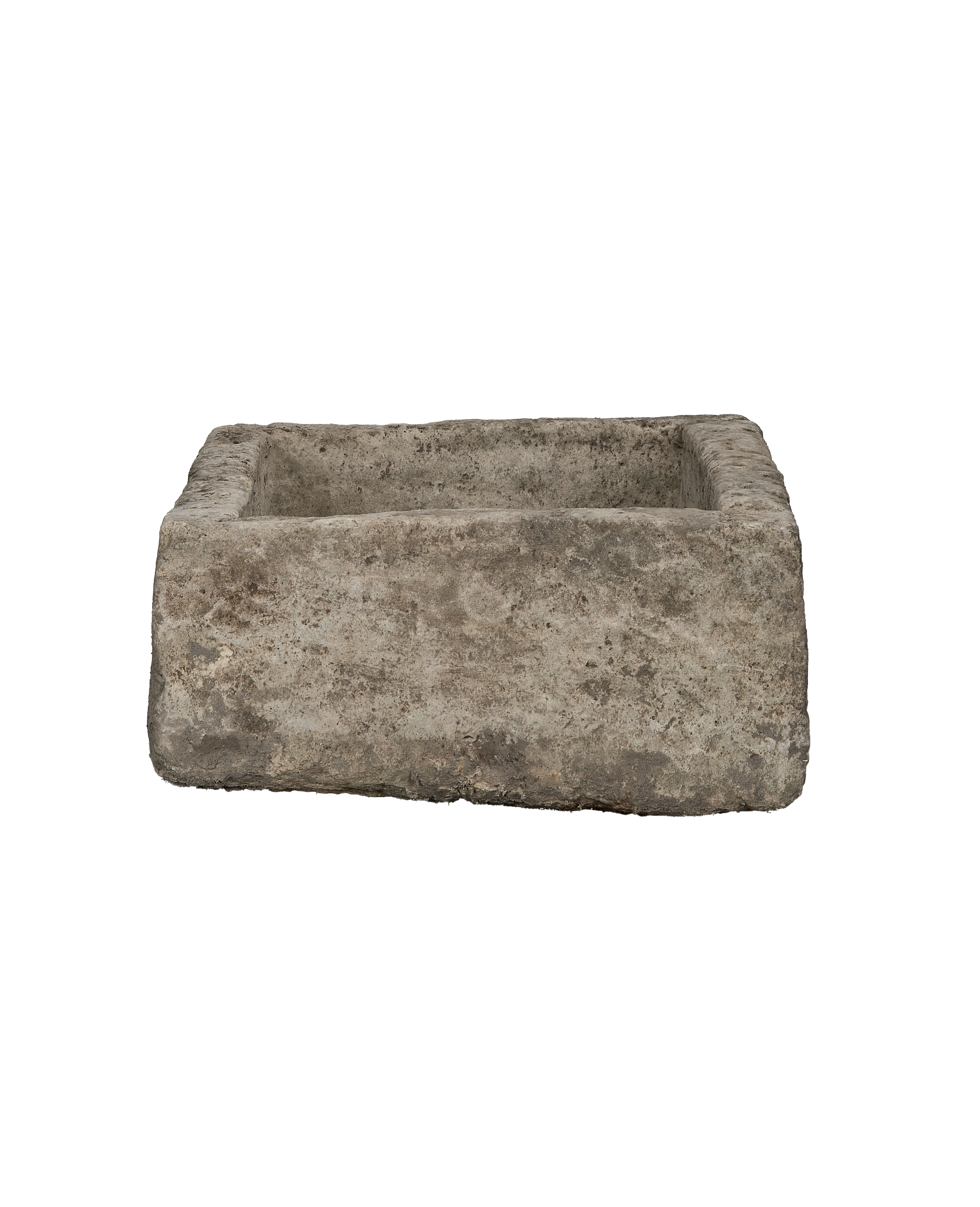 Vintage rectangular limestone trough, rustic condition, showing textured sides and interior, from above.