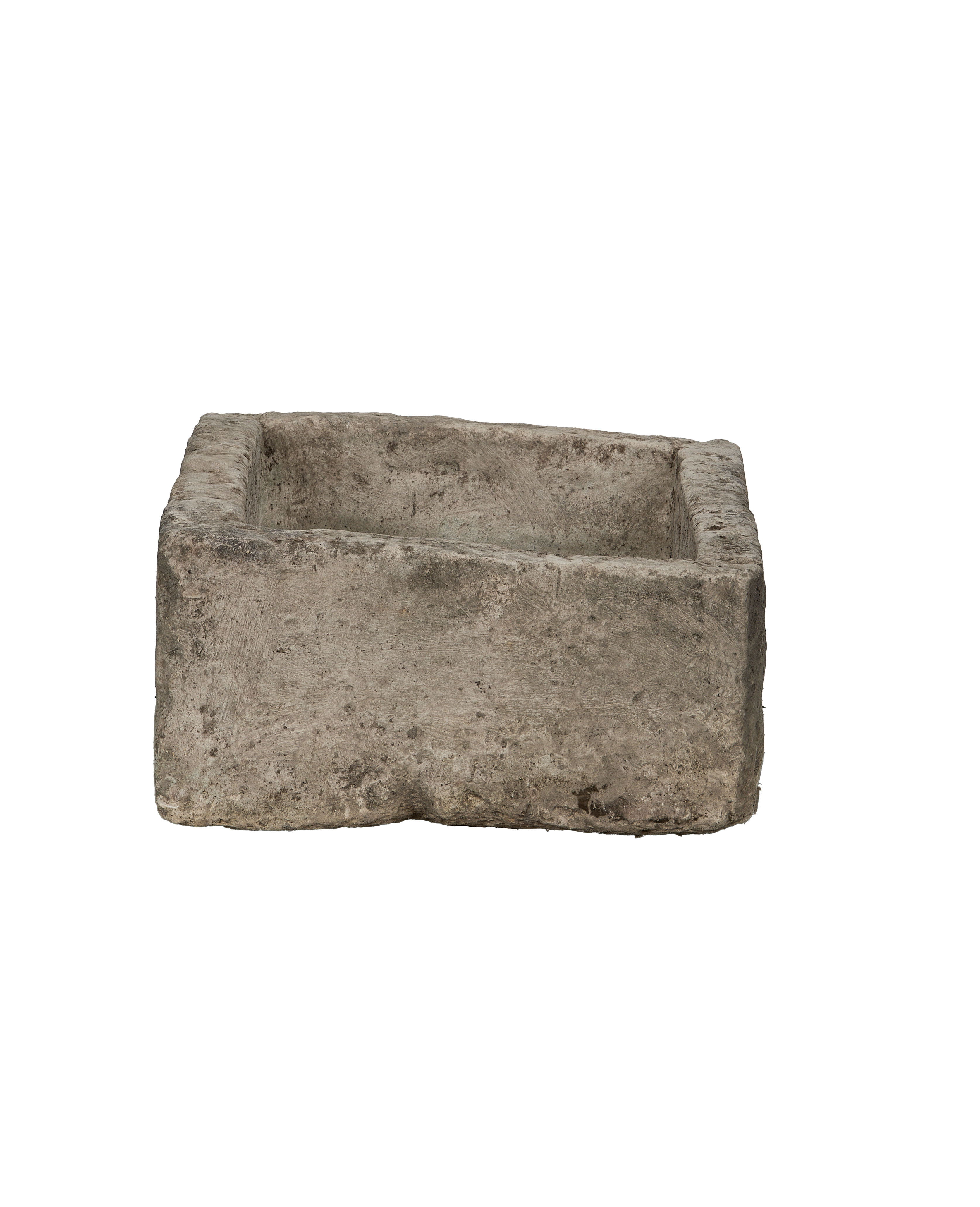 Vintage rectangle limestone trough, rough texture and condition visible from direct front view.