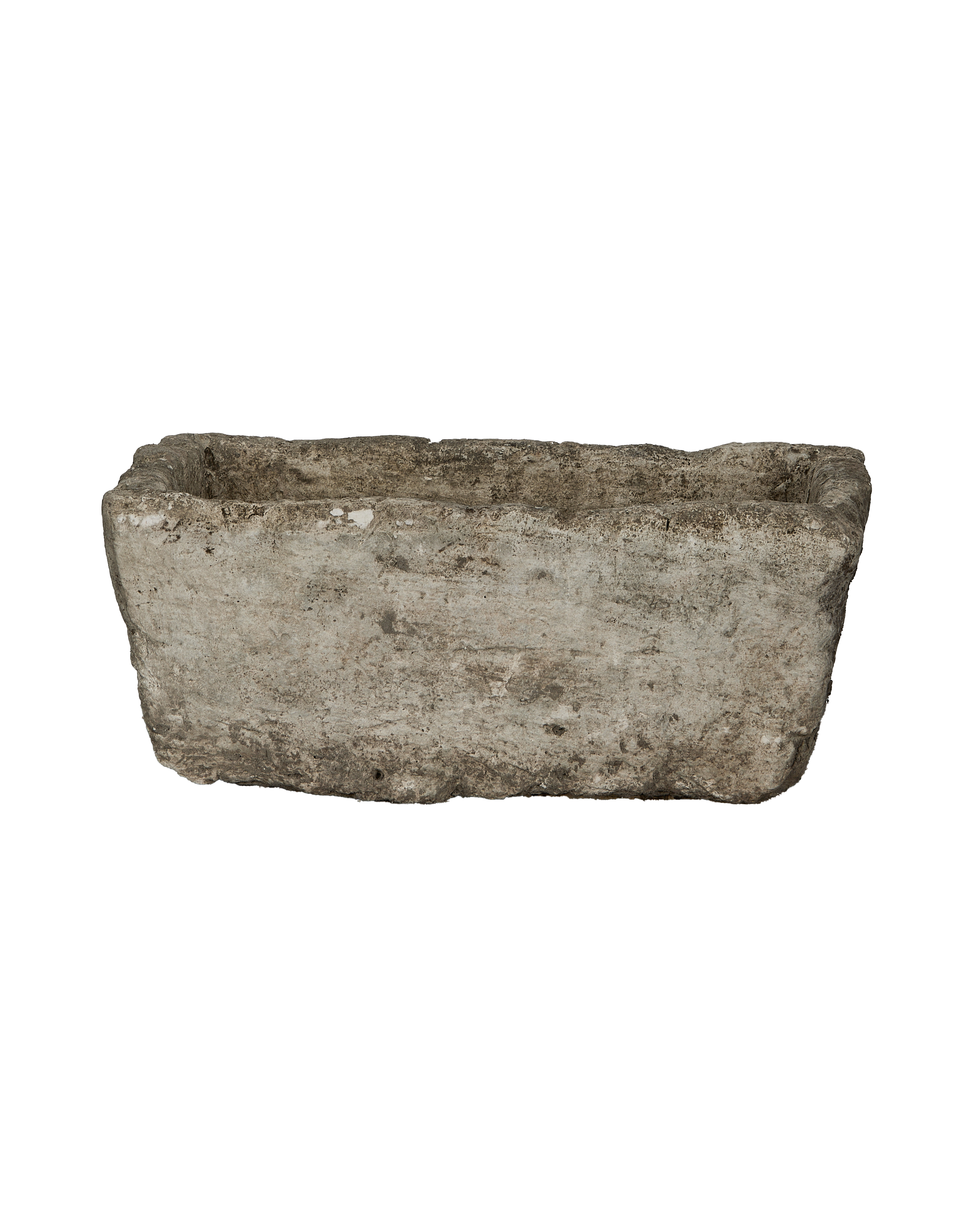 Vintage Indonesian rectangular limestone trough, weathered gray, showcasing its rustic texture and form.
