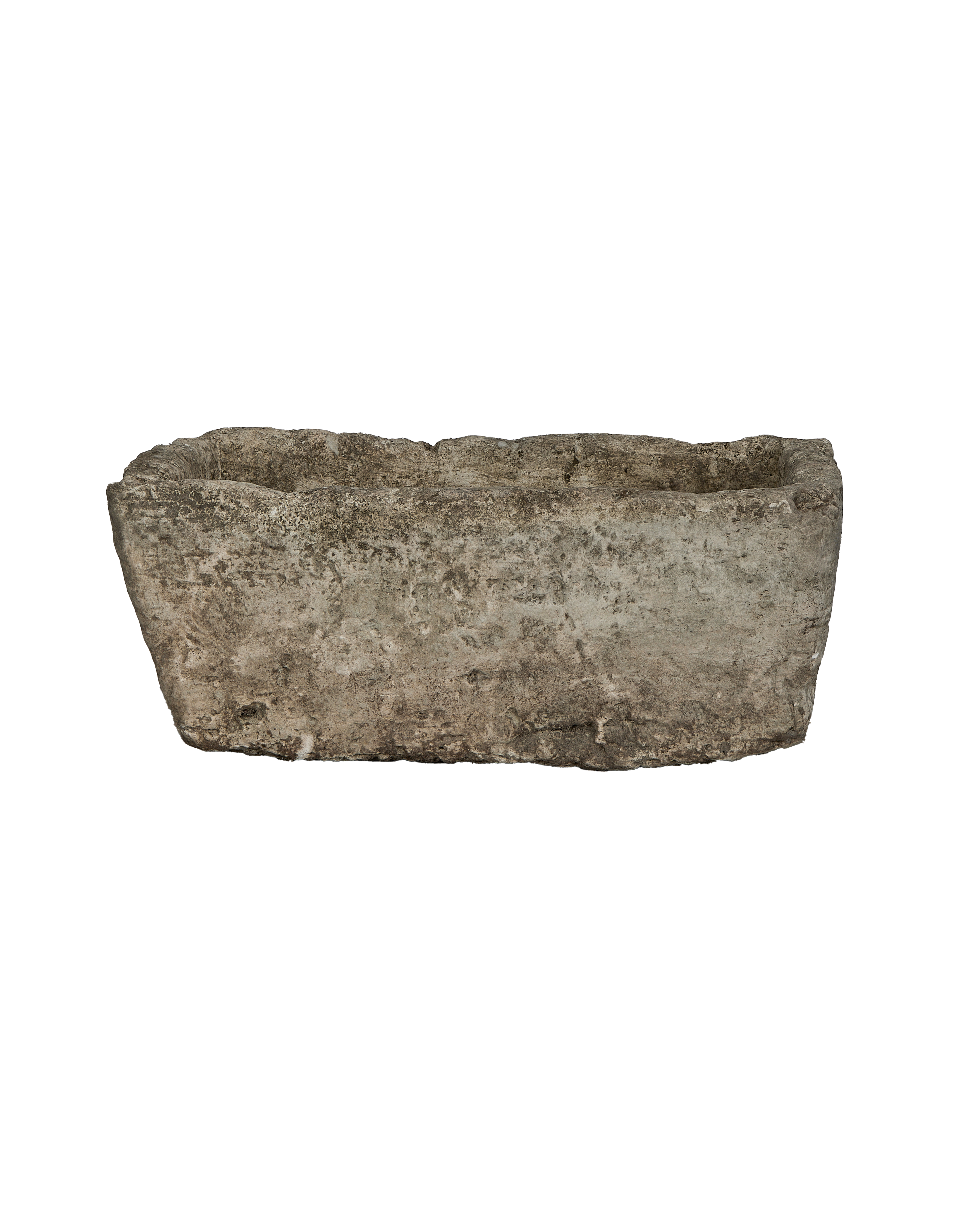 Vintage Indonesian rectangular limestone trough, front view highlighting aged, weathered texture.