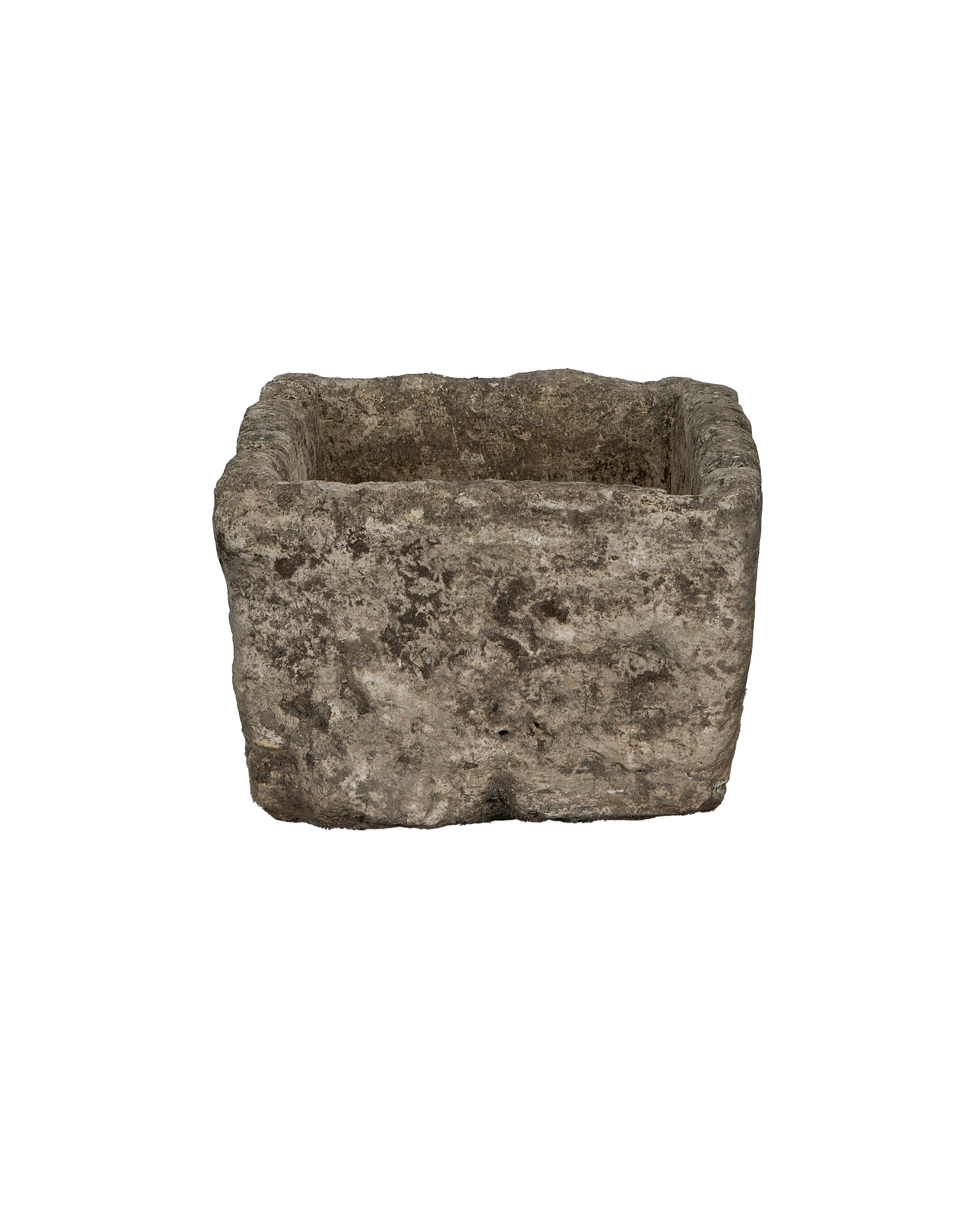 Vintage Indonesian limestone trough (OAK) from above, showcasing rough-hewn texture and rectangular shape.