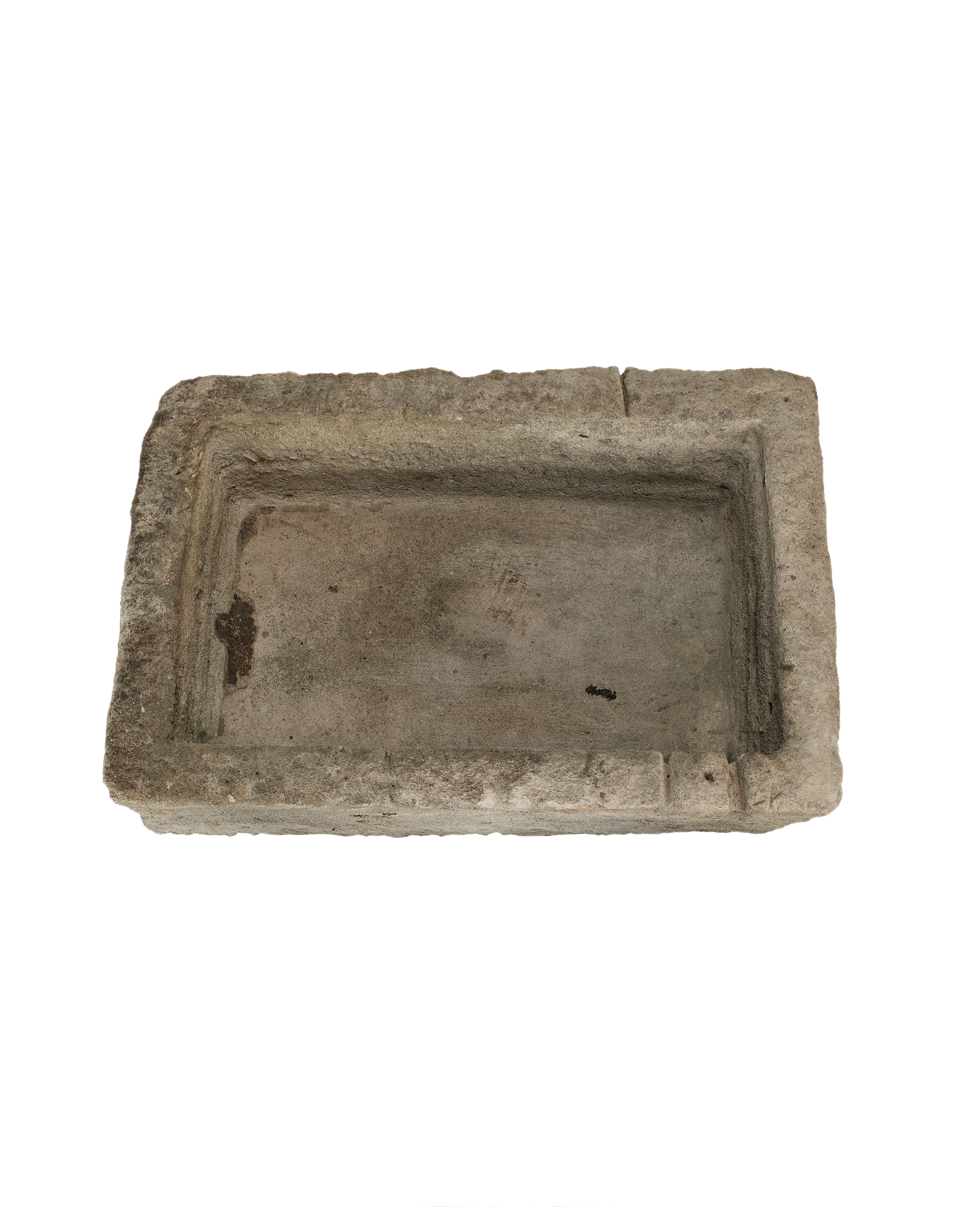 Vintage Indonesian rectangular limestone trough, top view with weathered texture details.