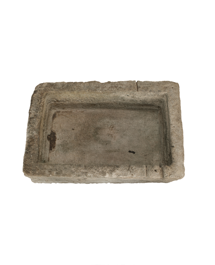 Vintage Indonesian rectangular limestone trough, top view with weathered texture details.