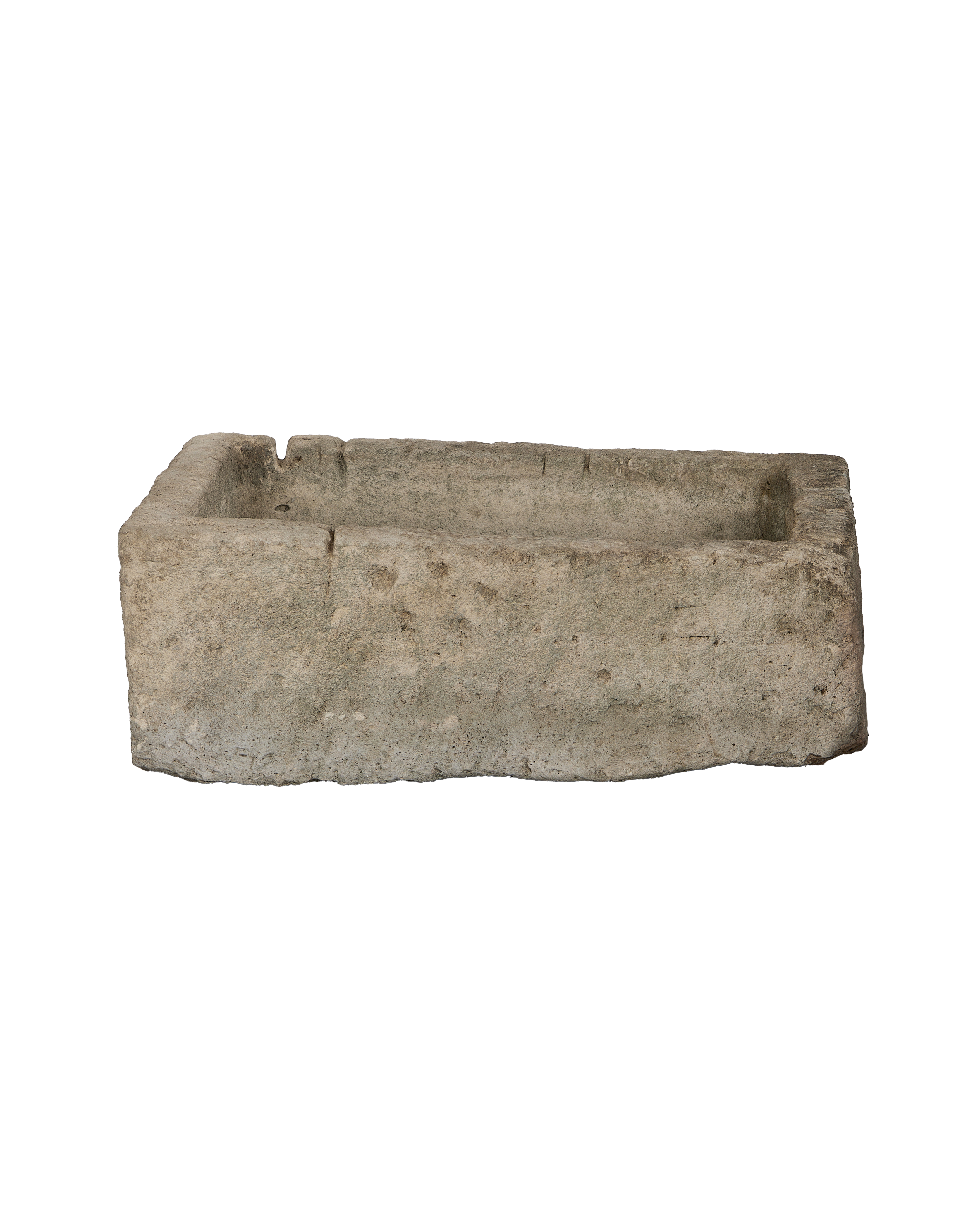 Vintage Indonesian rectangular limestone trough, rustic condition, side view showing interior depth.