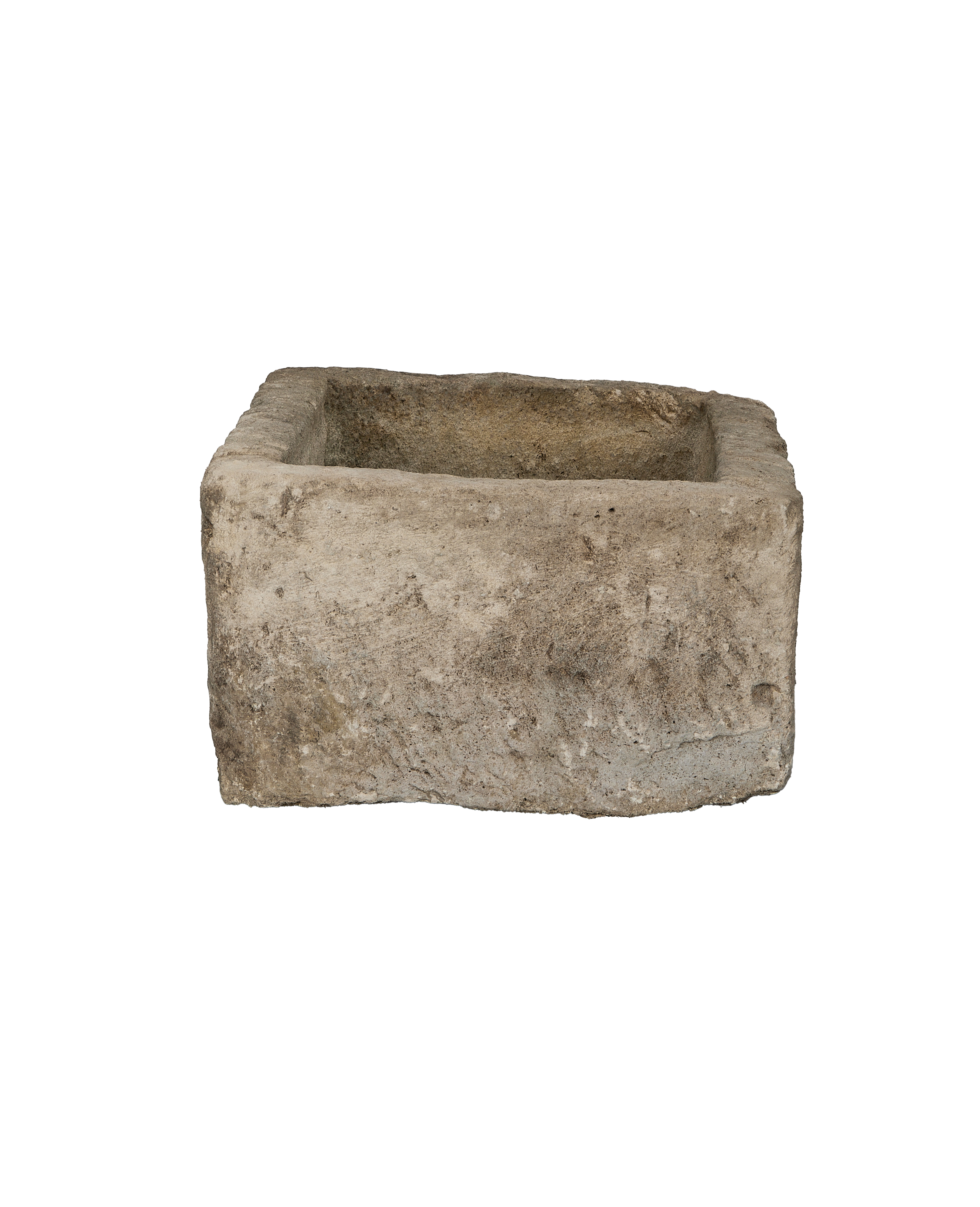 Vintage Indonesian rectangular limestone trough, front-facing view, showcasing rough weathered texture and natural gray patina.