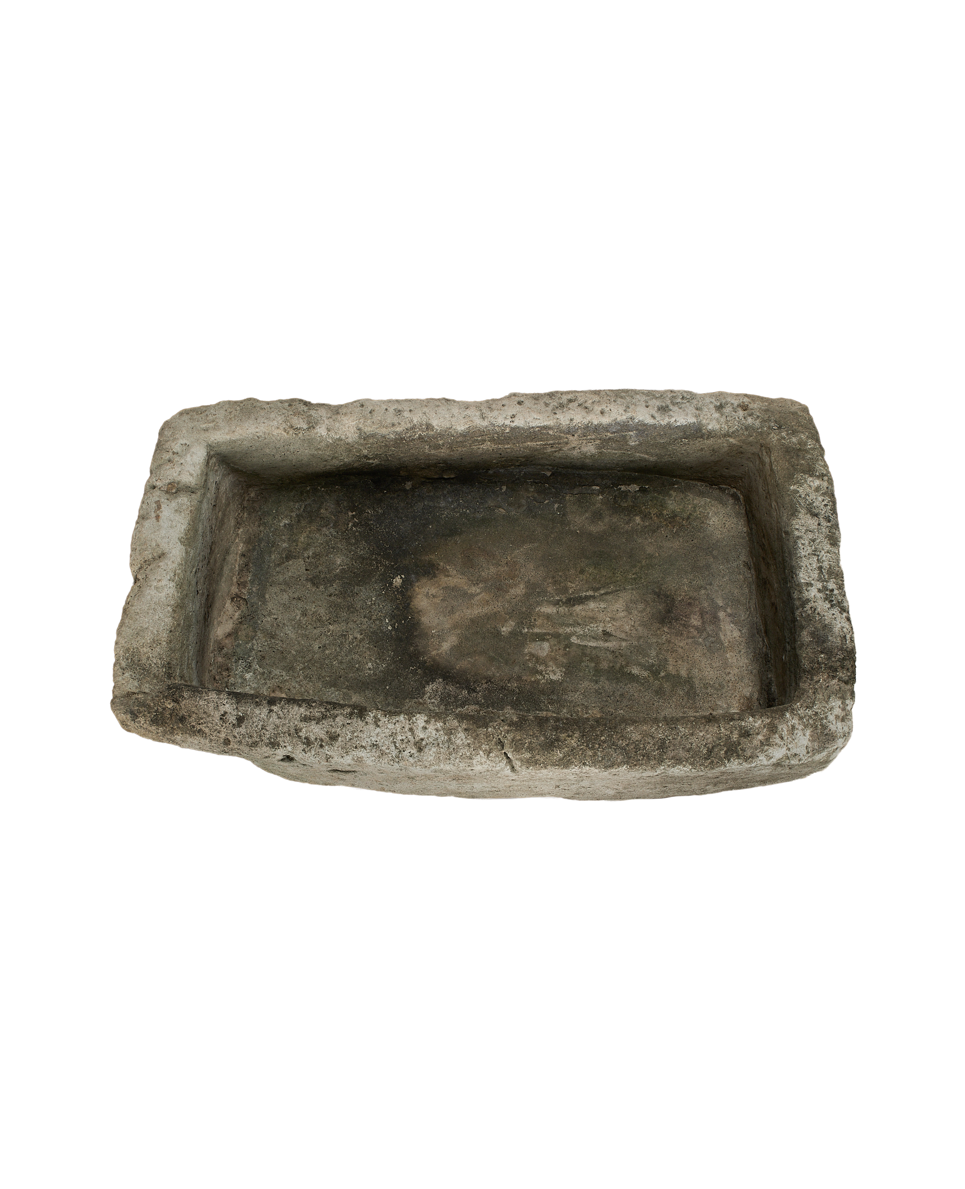 Vintage Indonesian limestone trough, top view highlights rectangular shape with aged, moss-like patina.
