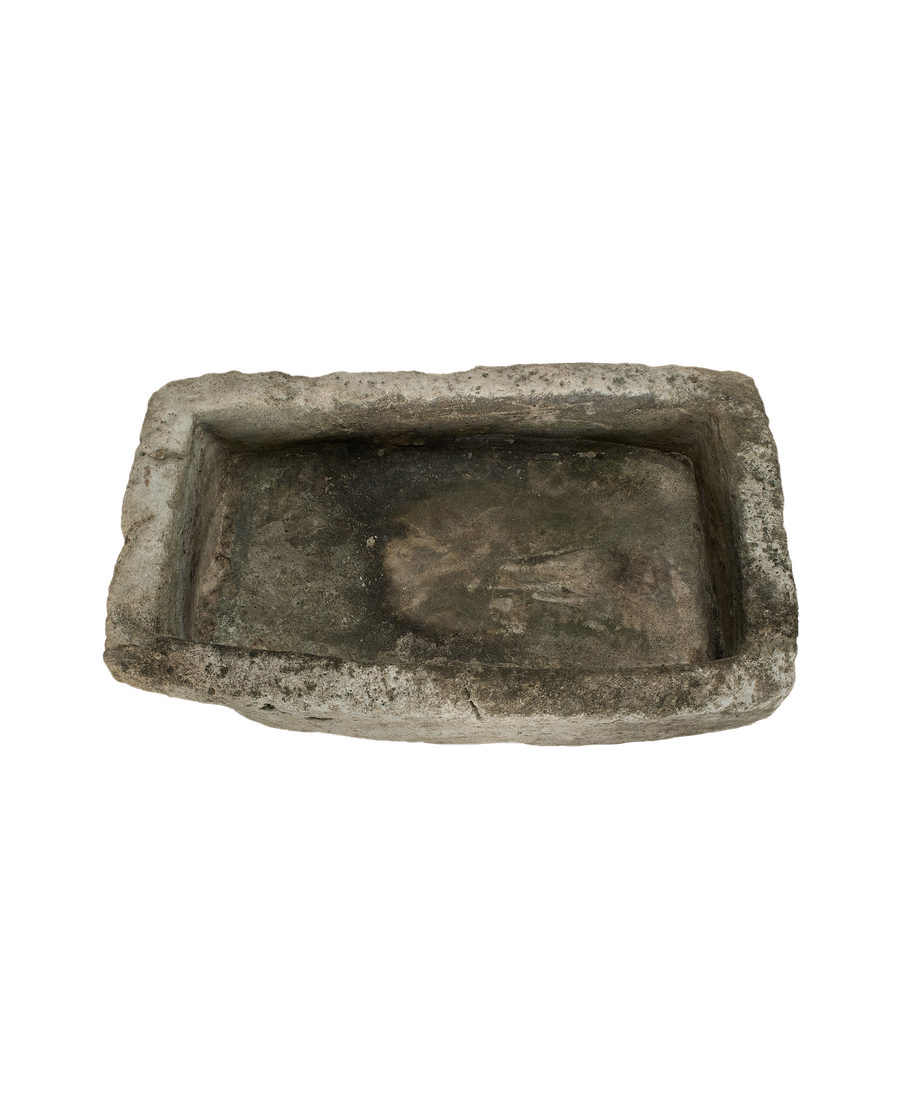Vintage Indonesian limestone trough, top view highlights rectangular shape with aged, moss-like patina.