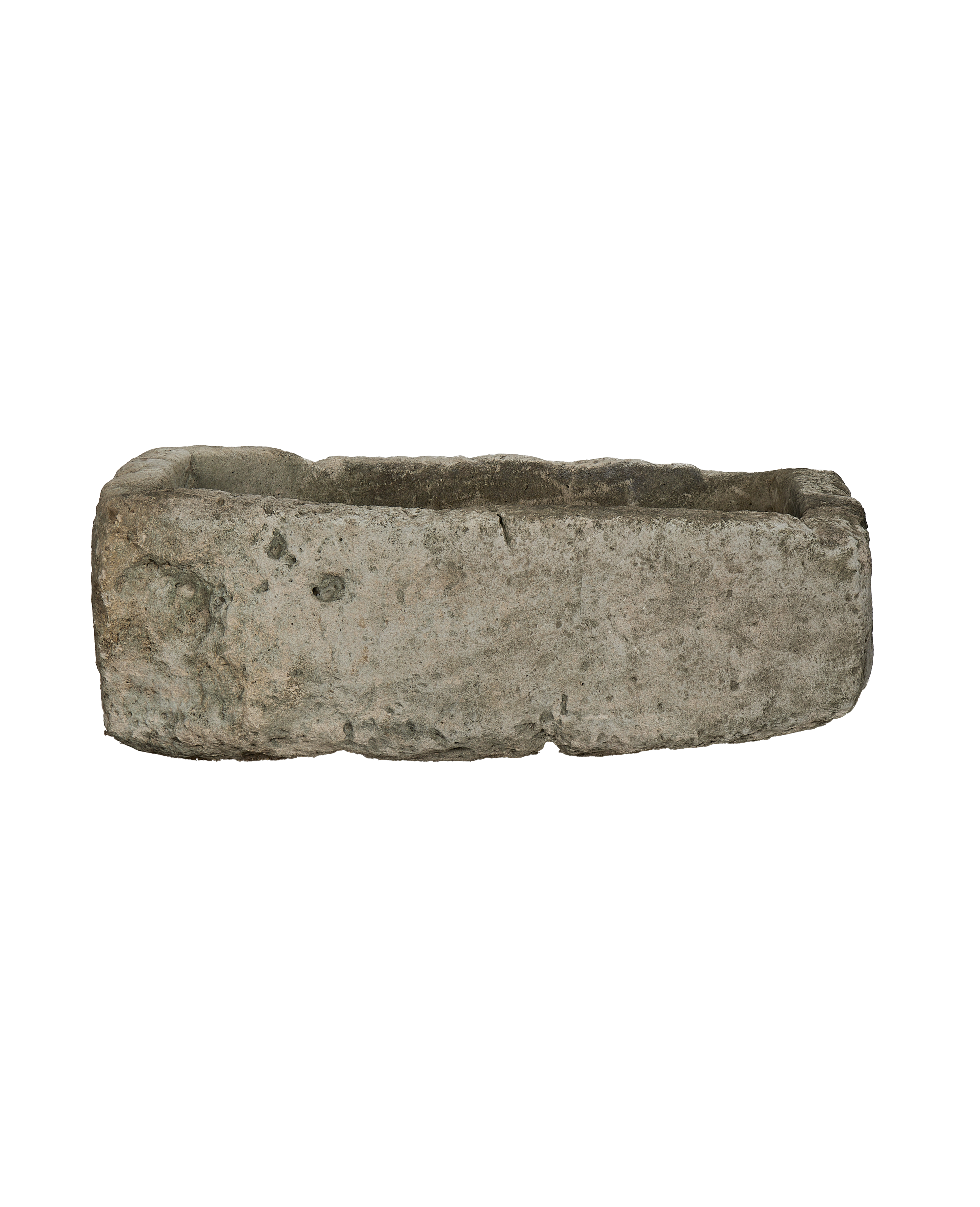 Vintage rectangular limestone trough, rugged texture, weathered finish, perfect for an antique garden.