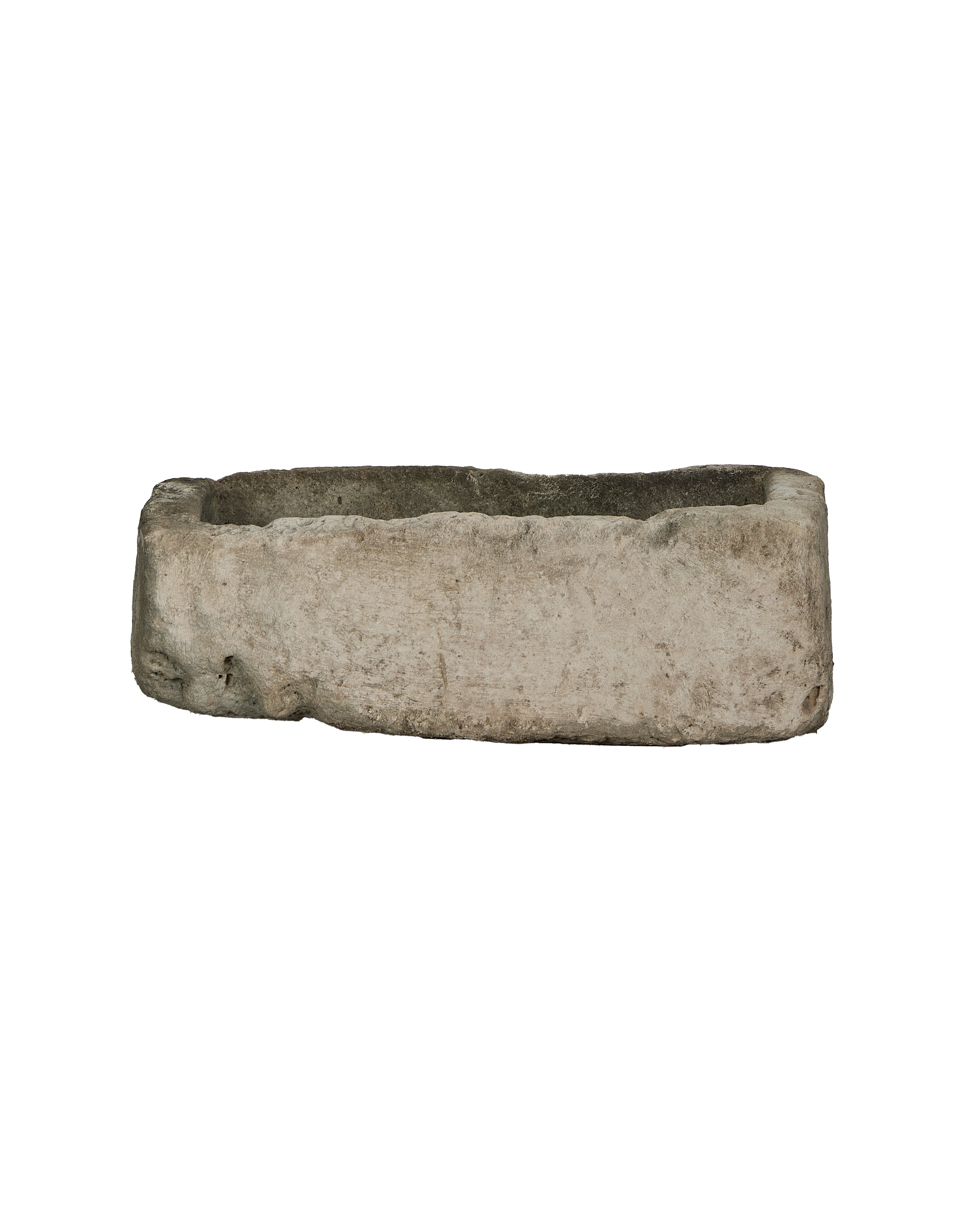 Vintage Indonesian limestone rectangular trough, showing uneven texture and weathered edges from an overhead angle.