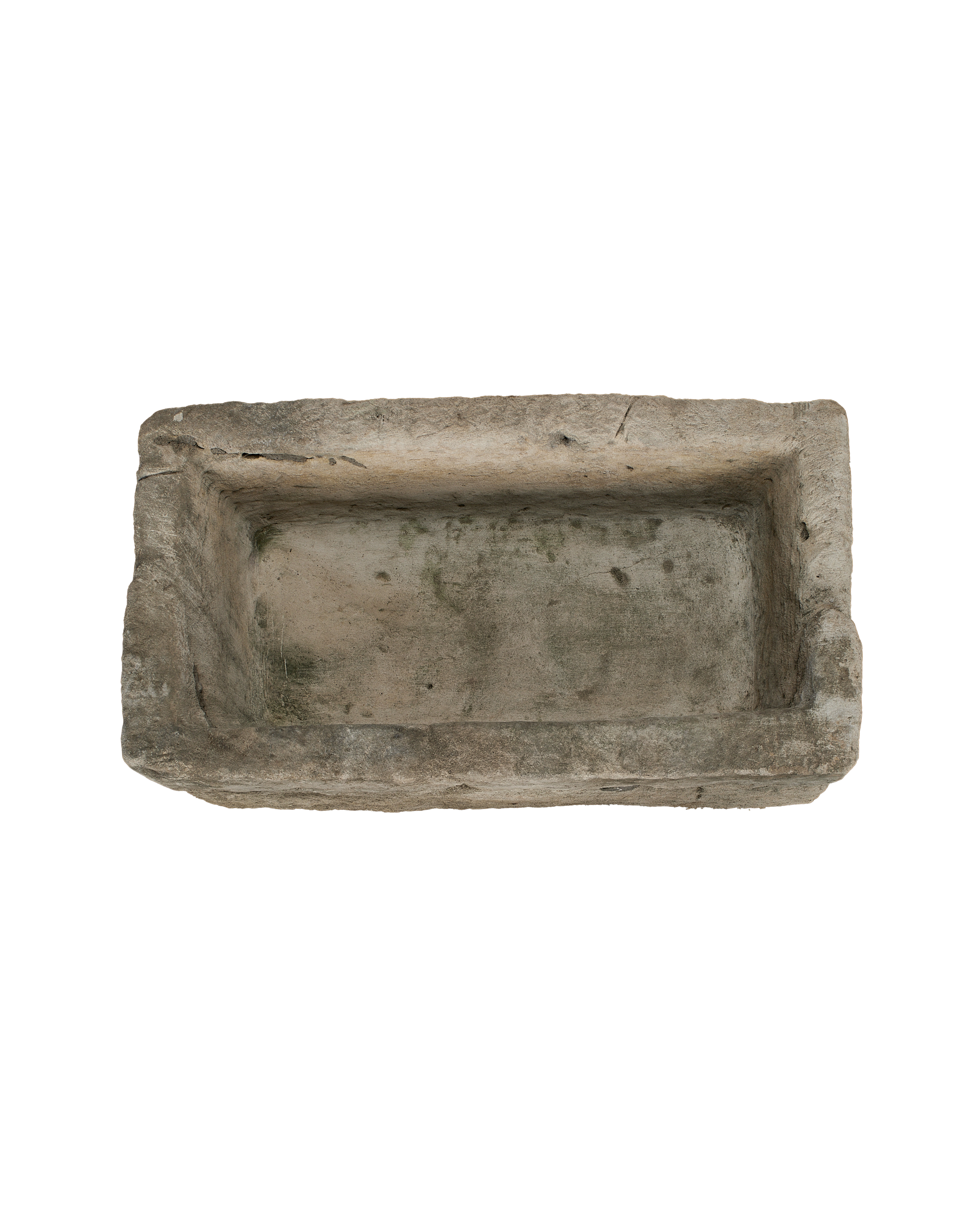 Vintage rectangular Jakarta limestone trough, top-down view showing interior algae and weathered texture.