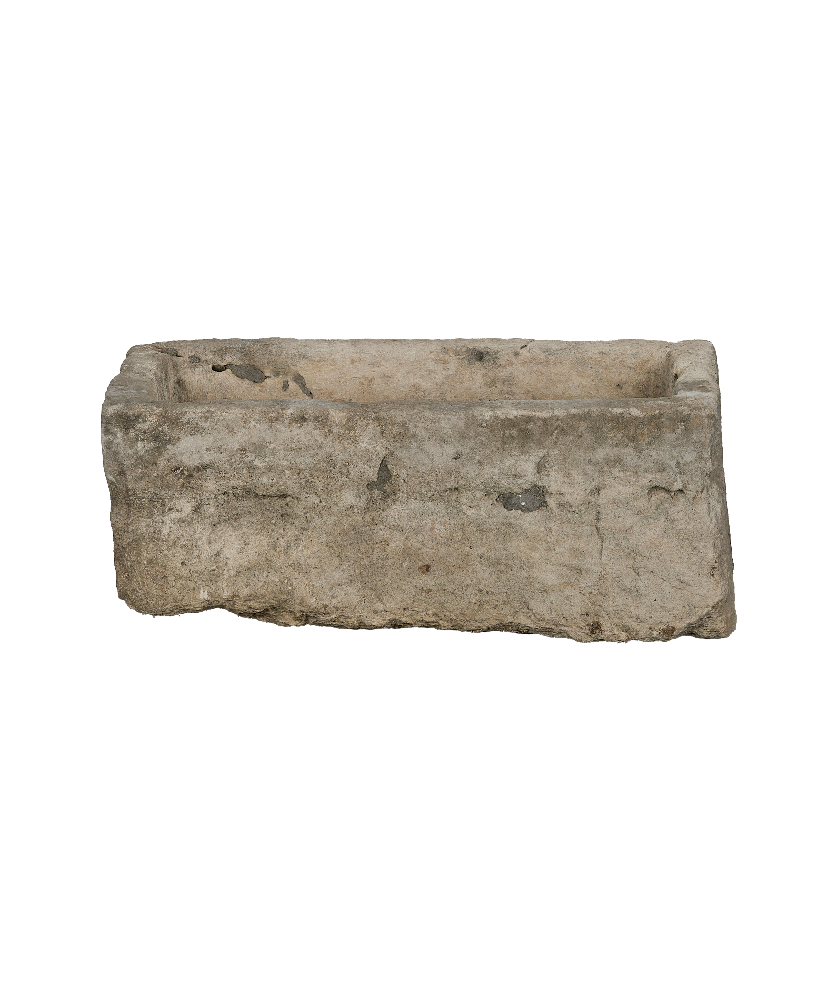 Vintage rectangular Indonesian limestone trough with rustic weathered patina and chipped edges.