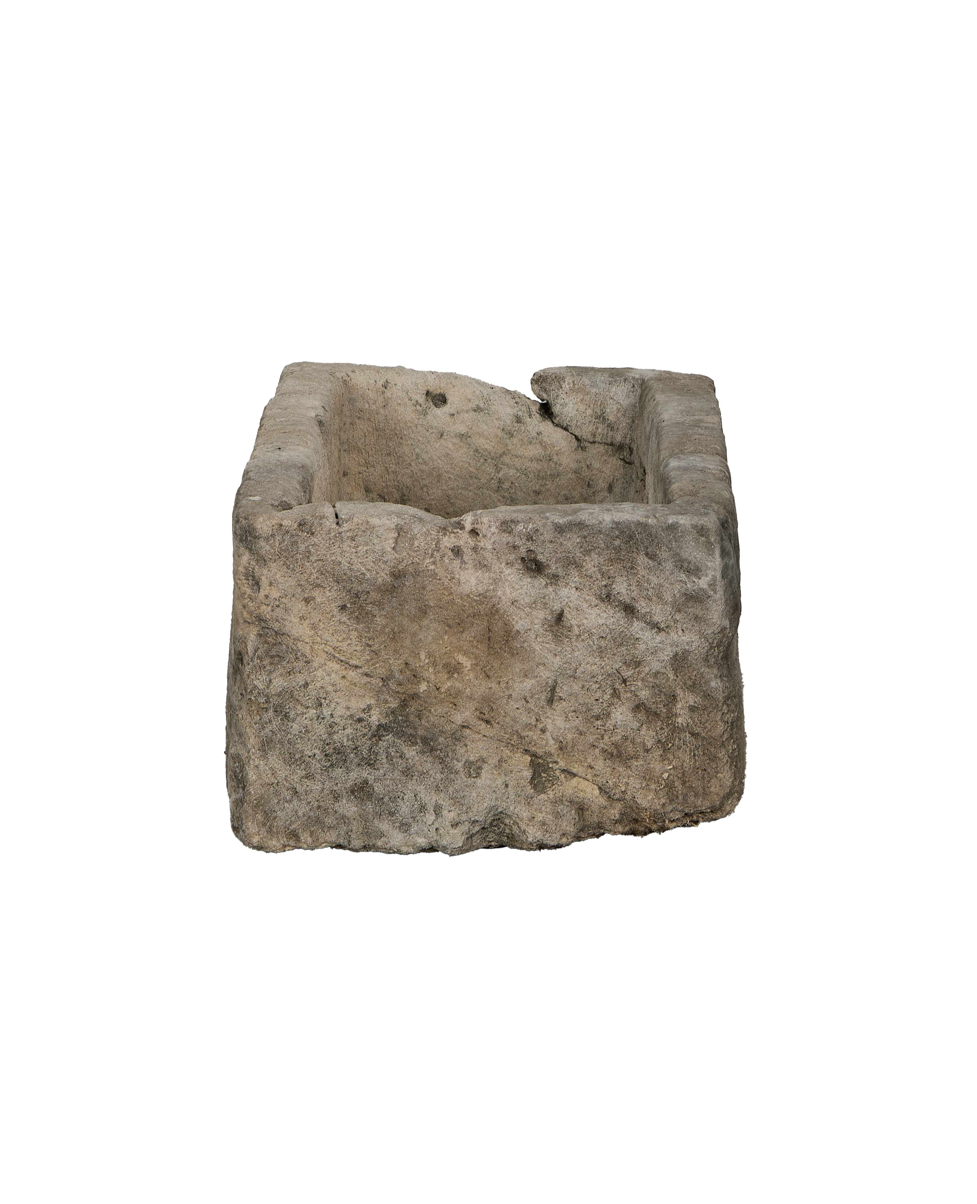 Vintage limestone trough, rectangular, showcasing chipped front edge and rustic texture.