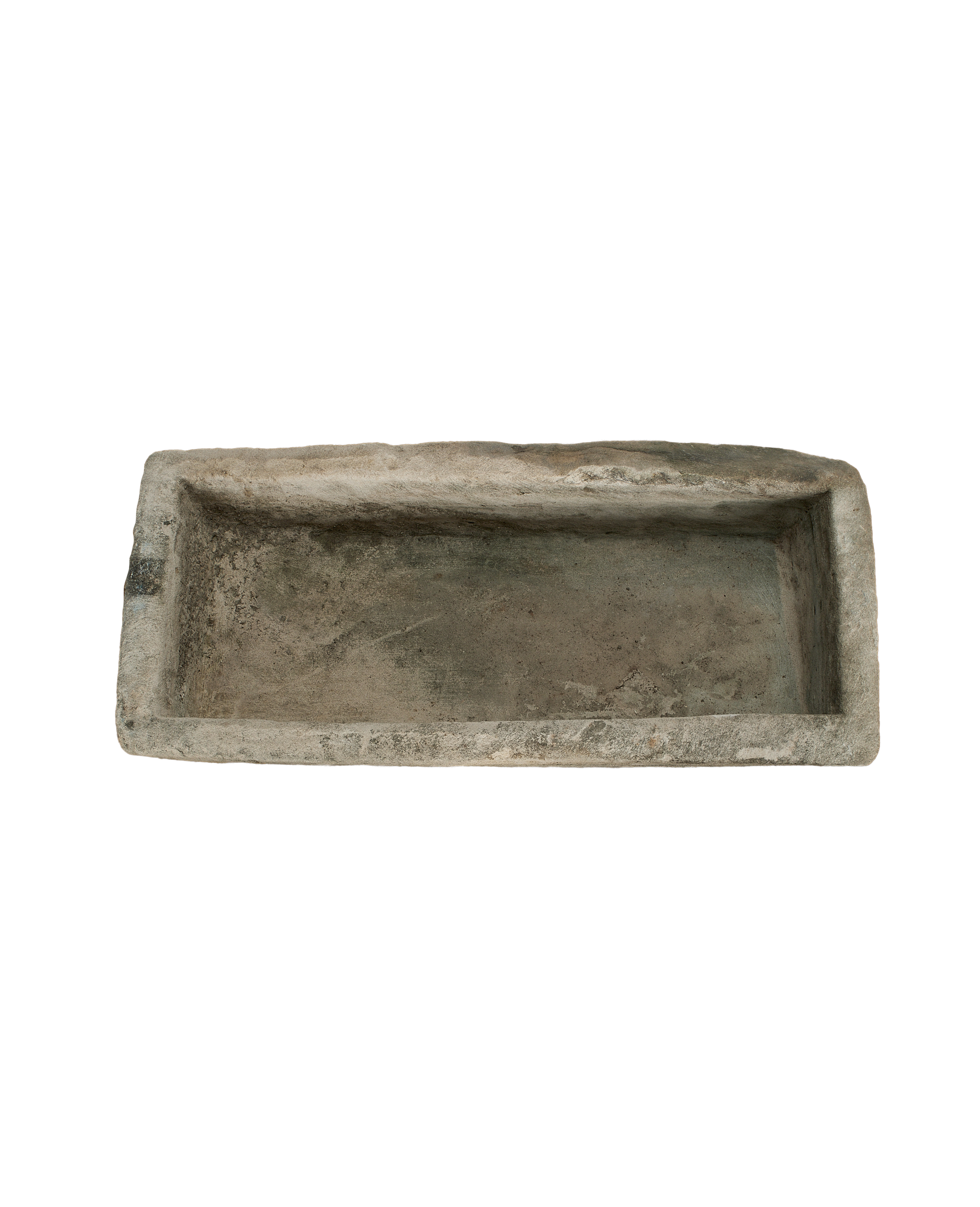 Vintage rectangular Indonesian limestone trough, top-down perspective, showing aged, rough texture.