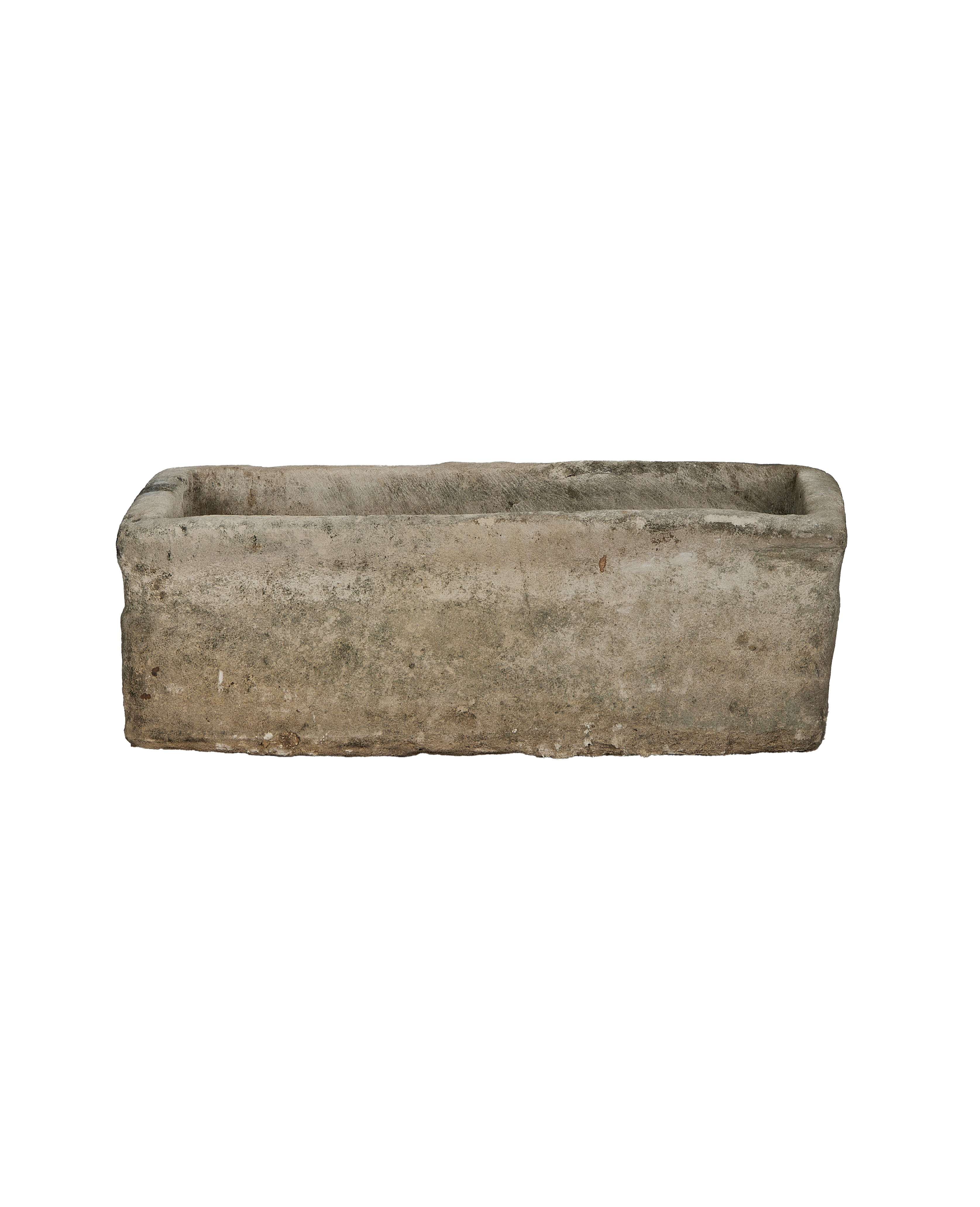 Vintage Indonesian rectangular limestone trough, showing weathered texture and natural imperfections, front view.