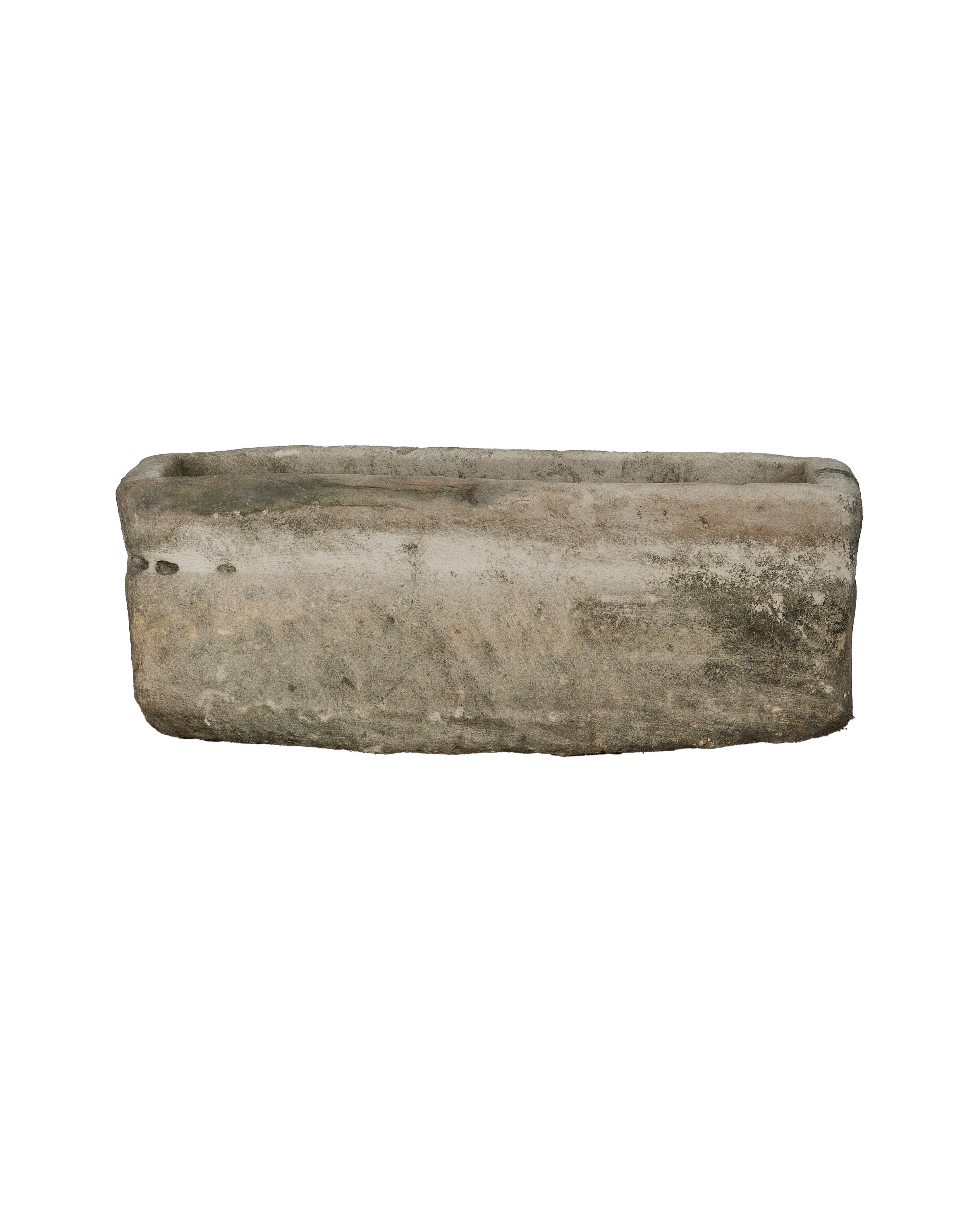 Vintage rectangular limestone trough, side profile showcasing textured surface and worn edges from age.
