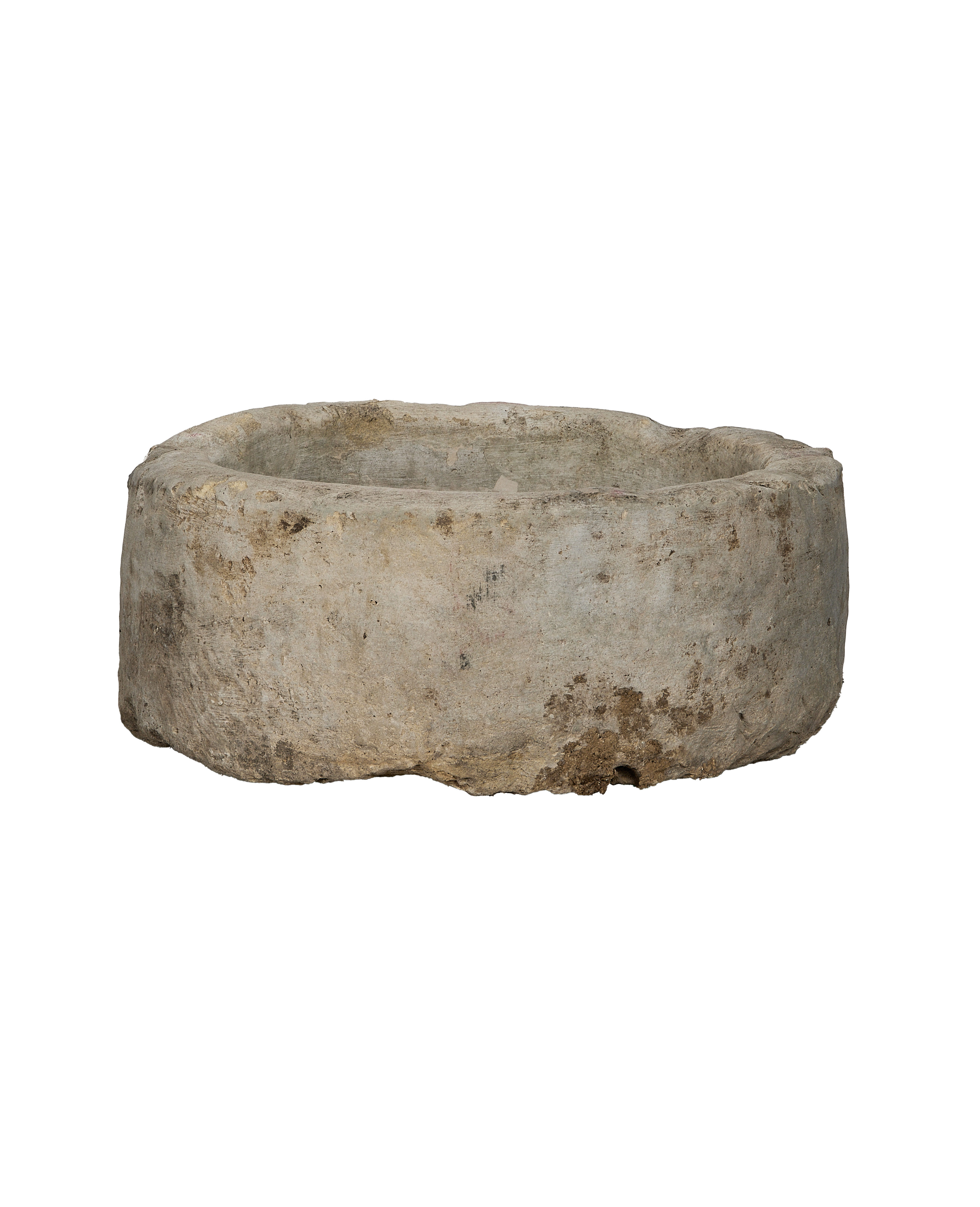 Vintage round Indonesian limestone trough, OAK finish, displaying authentic weathered texture.