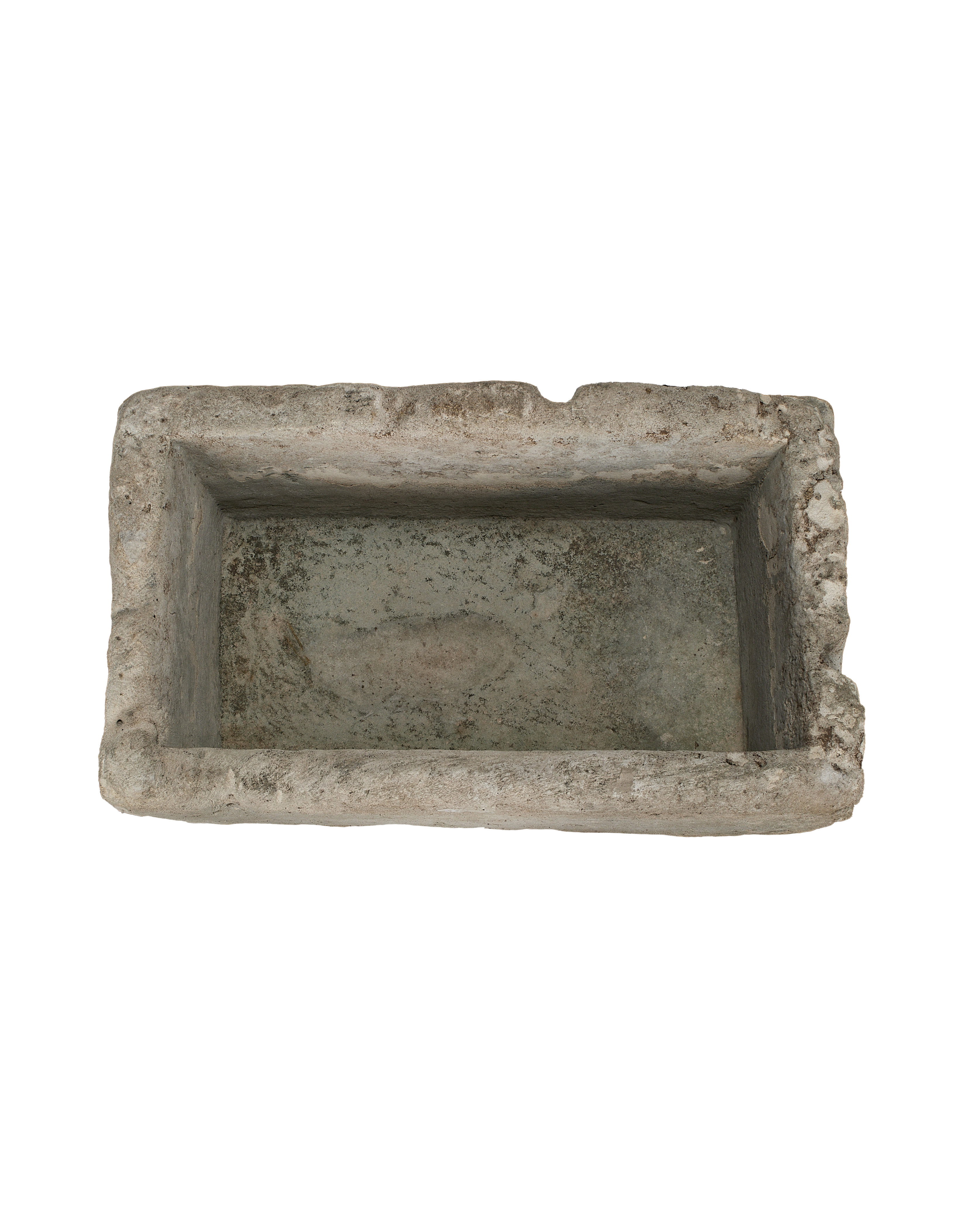 Vintage rectangular Indonesian limestone trough, top-down view showing interior basin texture.