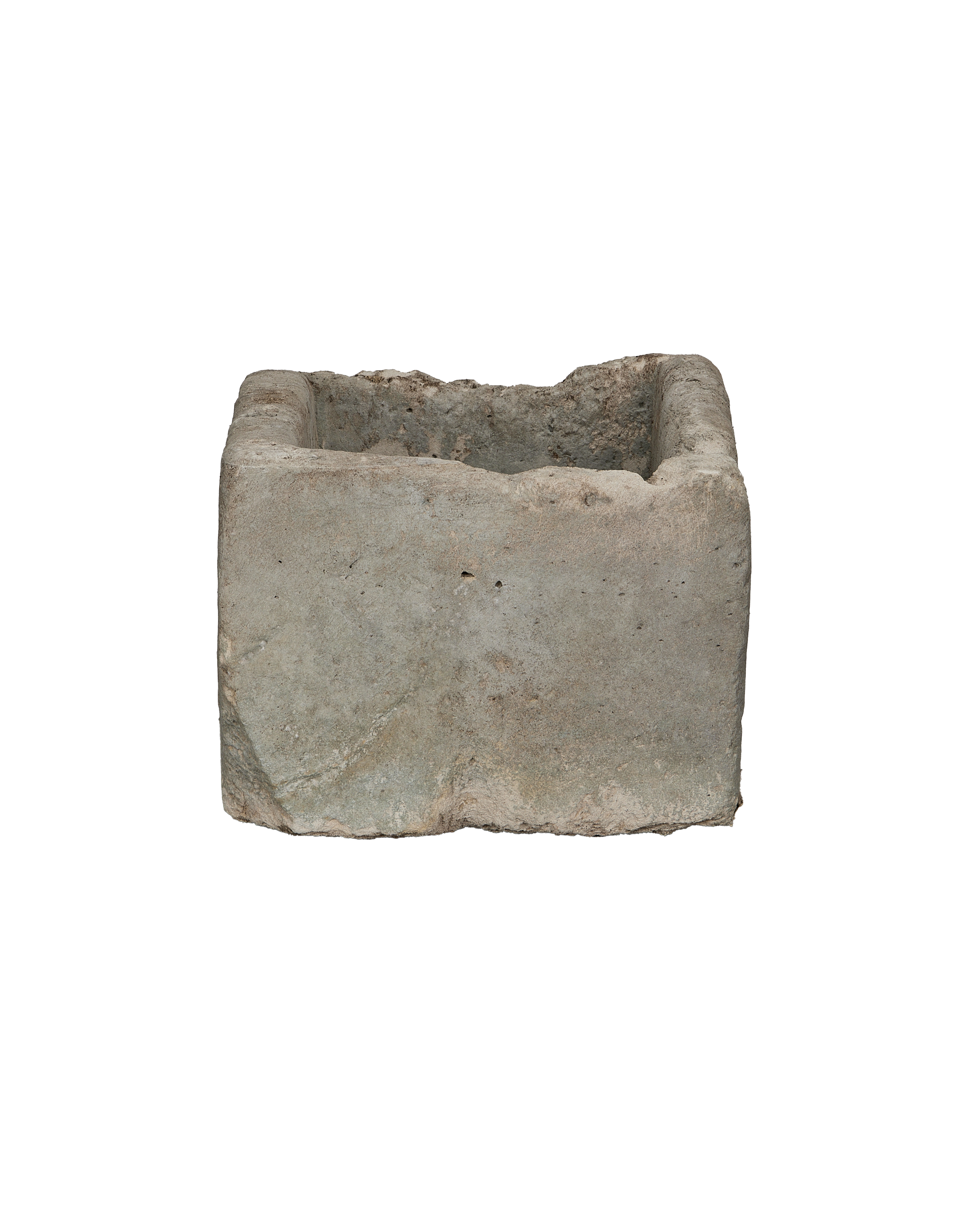 Vintage rectangular Indonesian limestone trough with rustic weathered grey finish, showing interior texture.