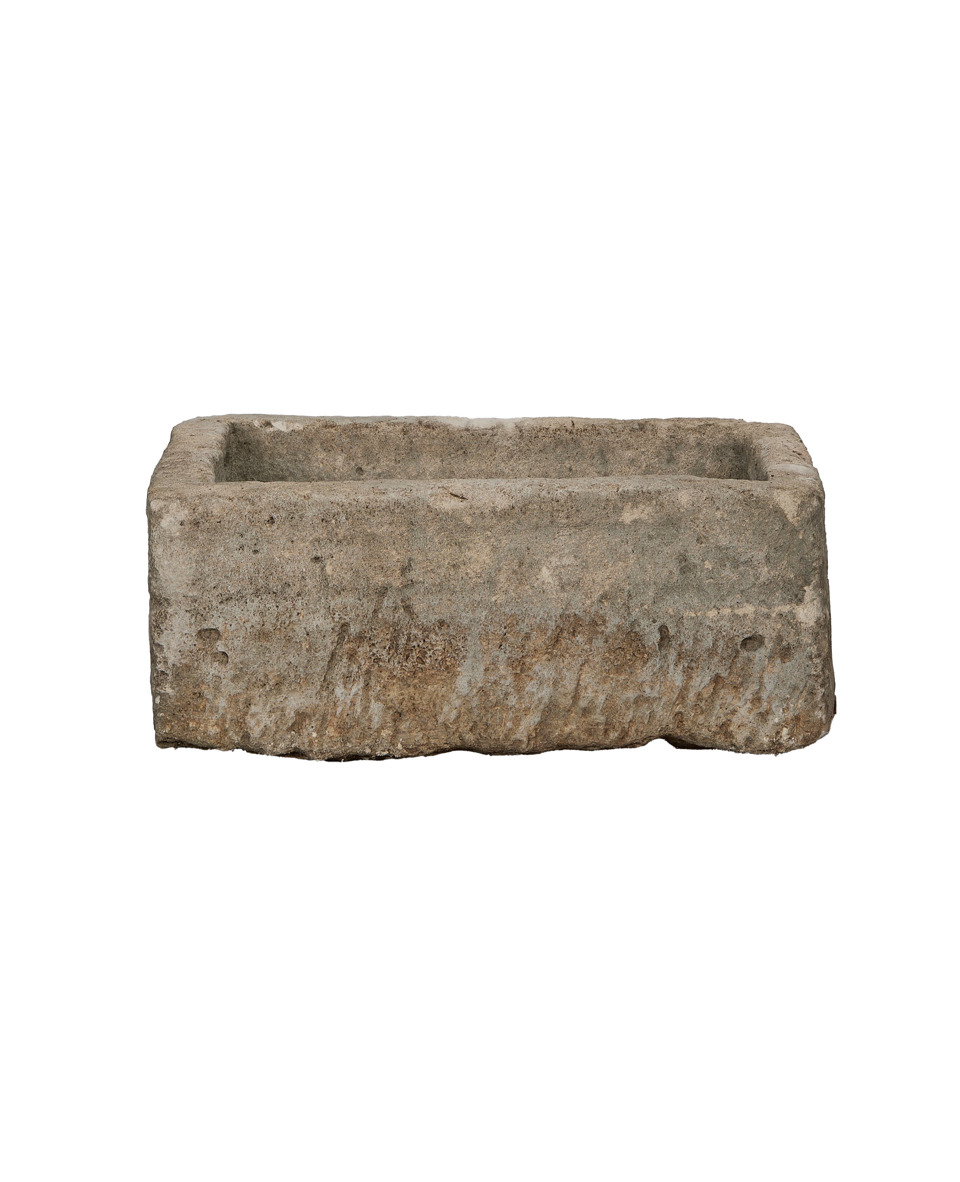 Vintage rectangular Indonesian limestone trough with weathered, textured grey-brown surface.