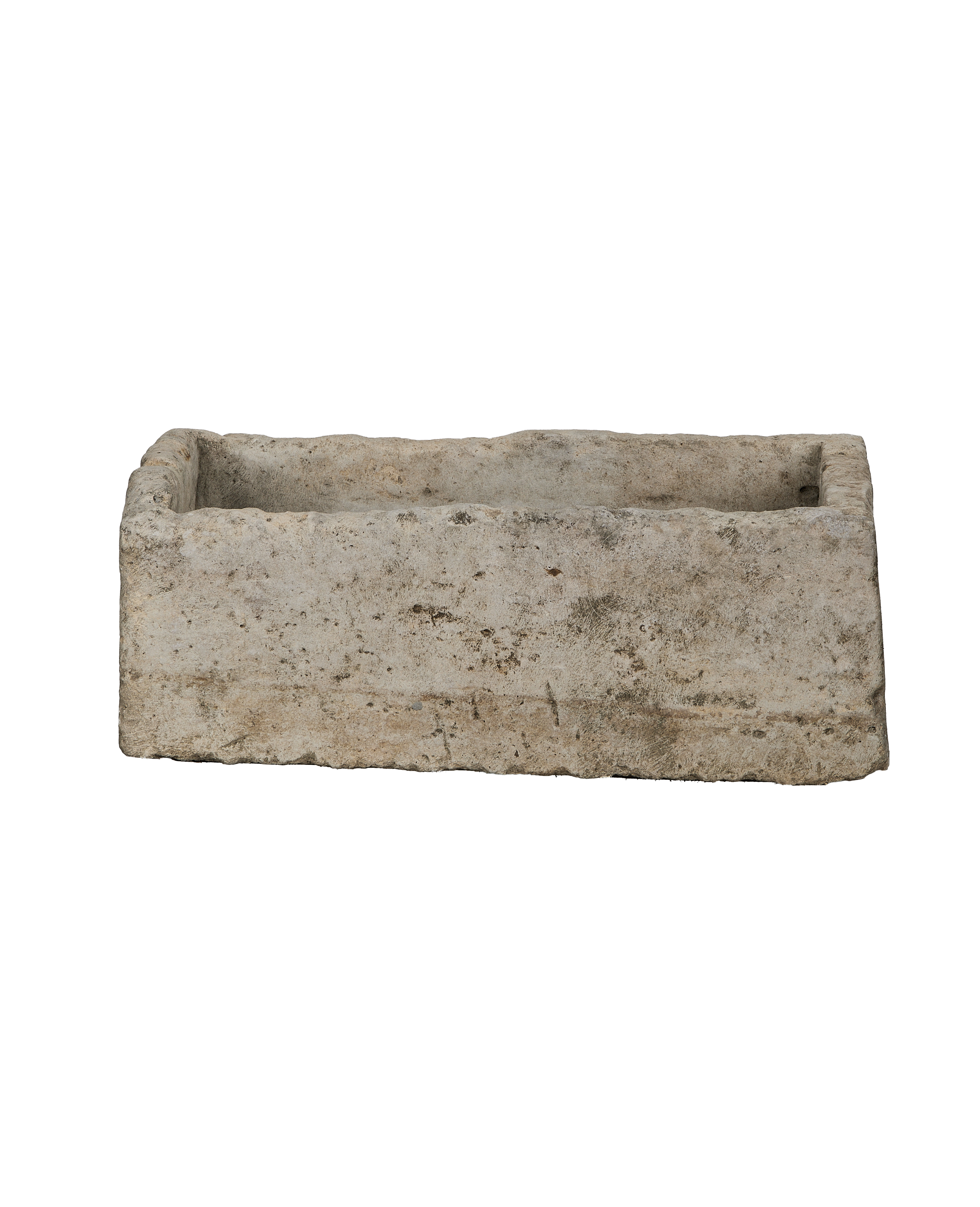 Vintage rectangular limestone trough, rustic condition, from Indonesia, top-down perspective.