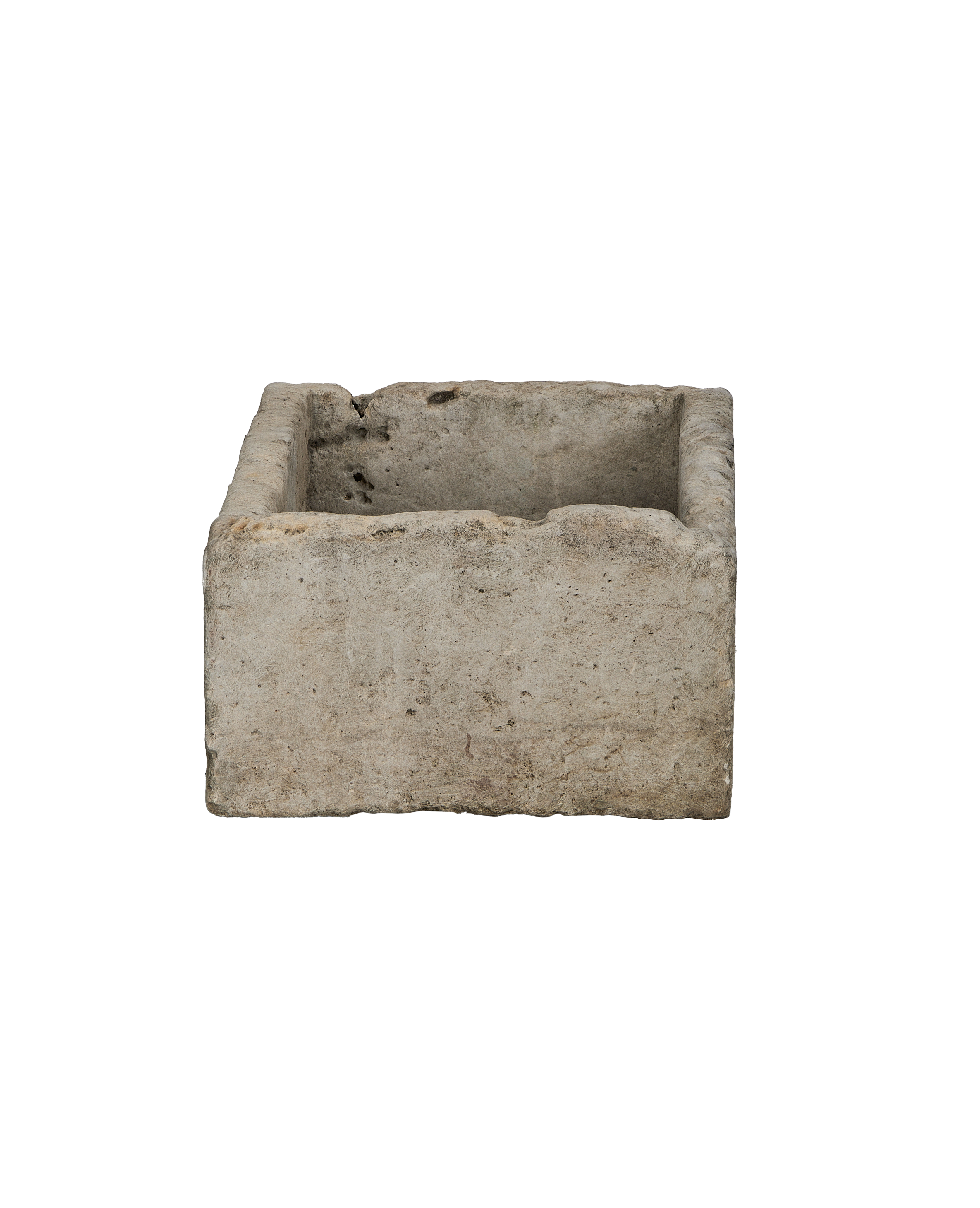 Vintage Indonesian limestone trough, rectangular, OAK, showcasing weathered texture and raw edges.