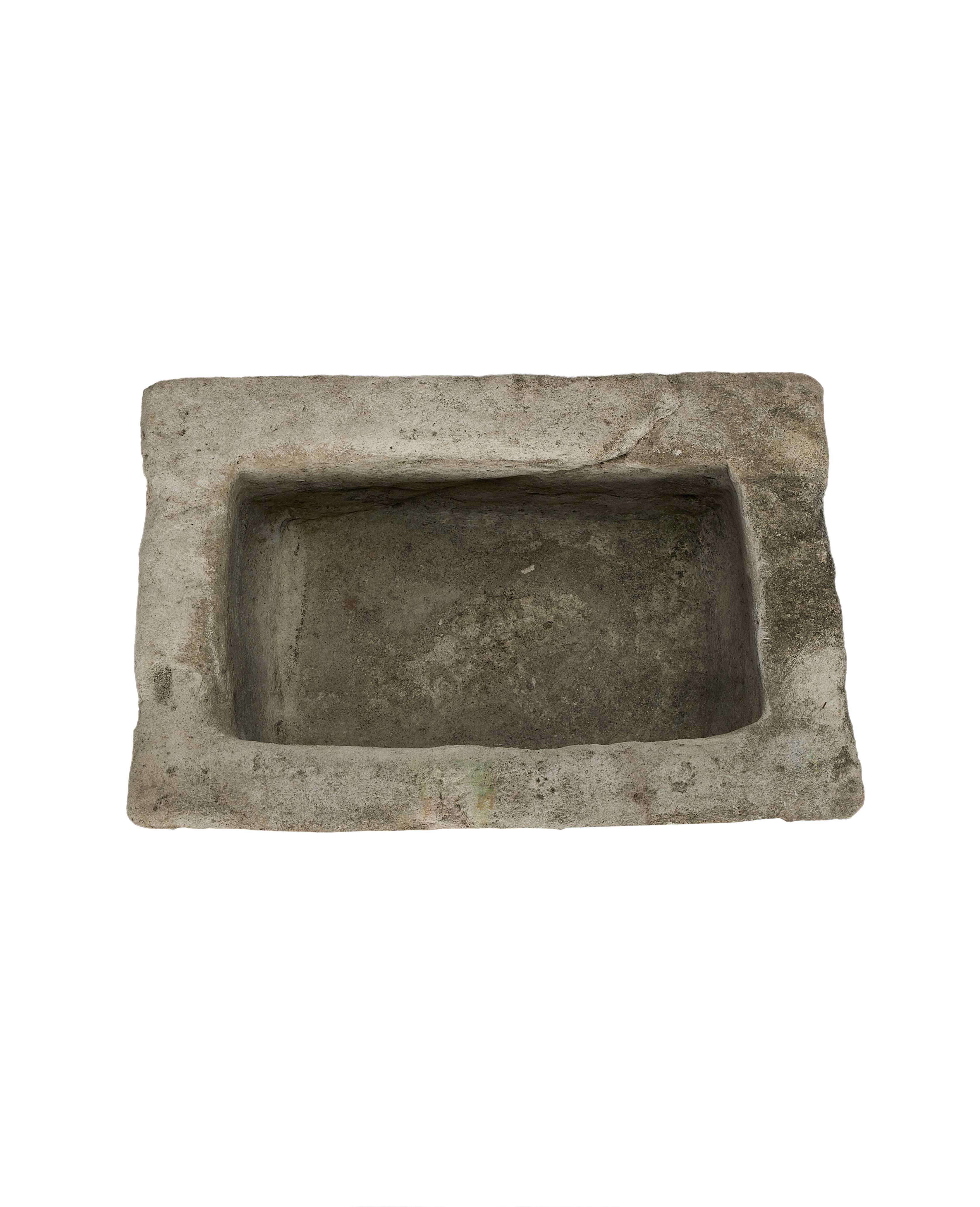 Vintage rectangular Indonesian limestone trough, top-down view showing interior depth and rough texture.