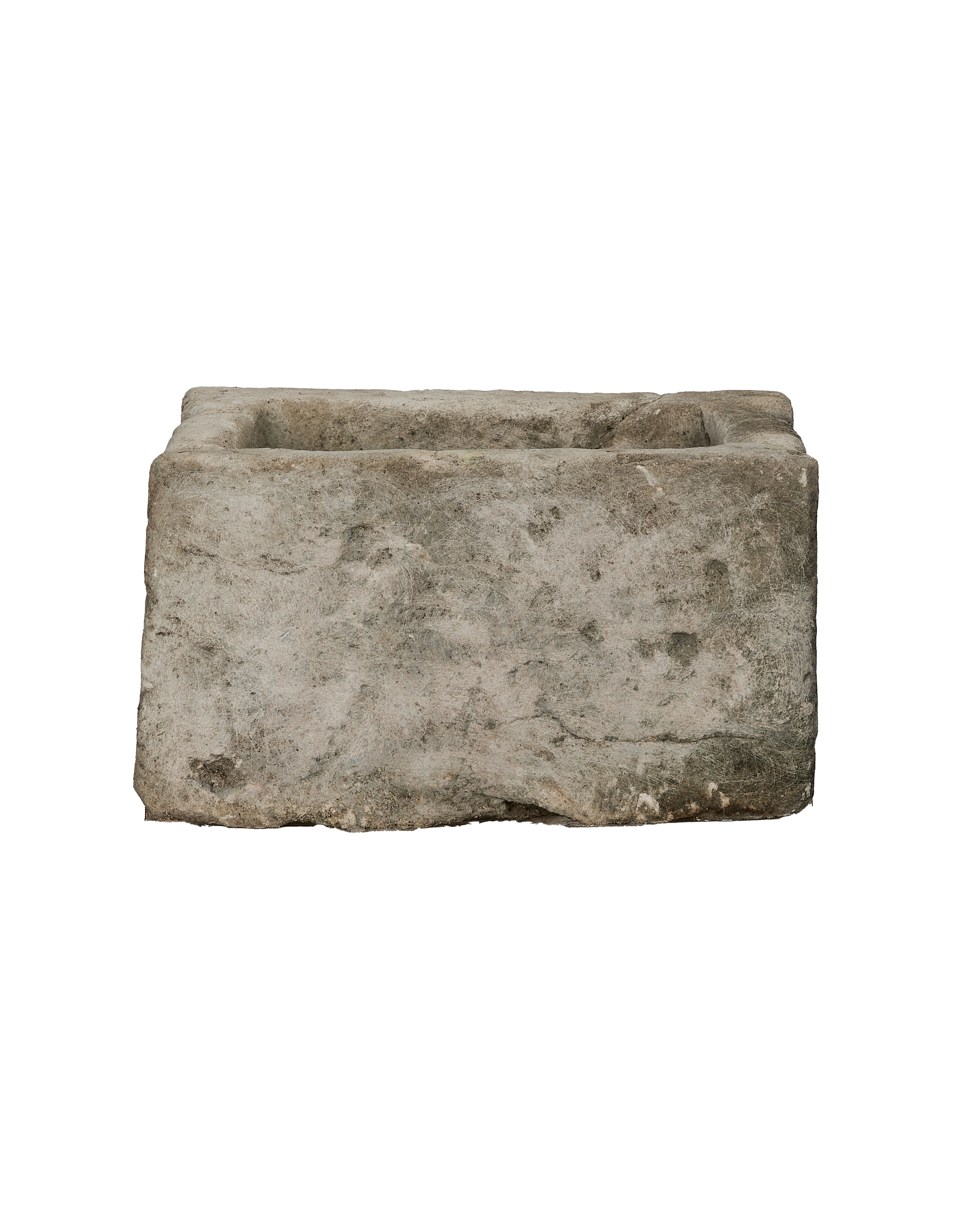 Vintage rectangular Indonesian limestone trough with weathered natural grey texture.