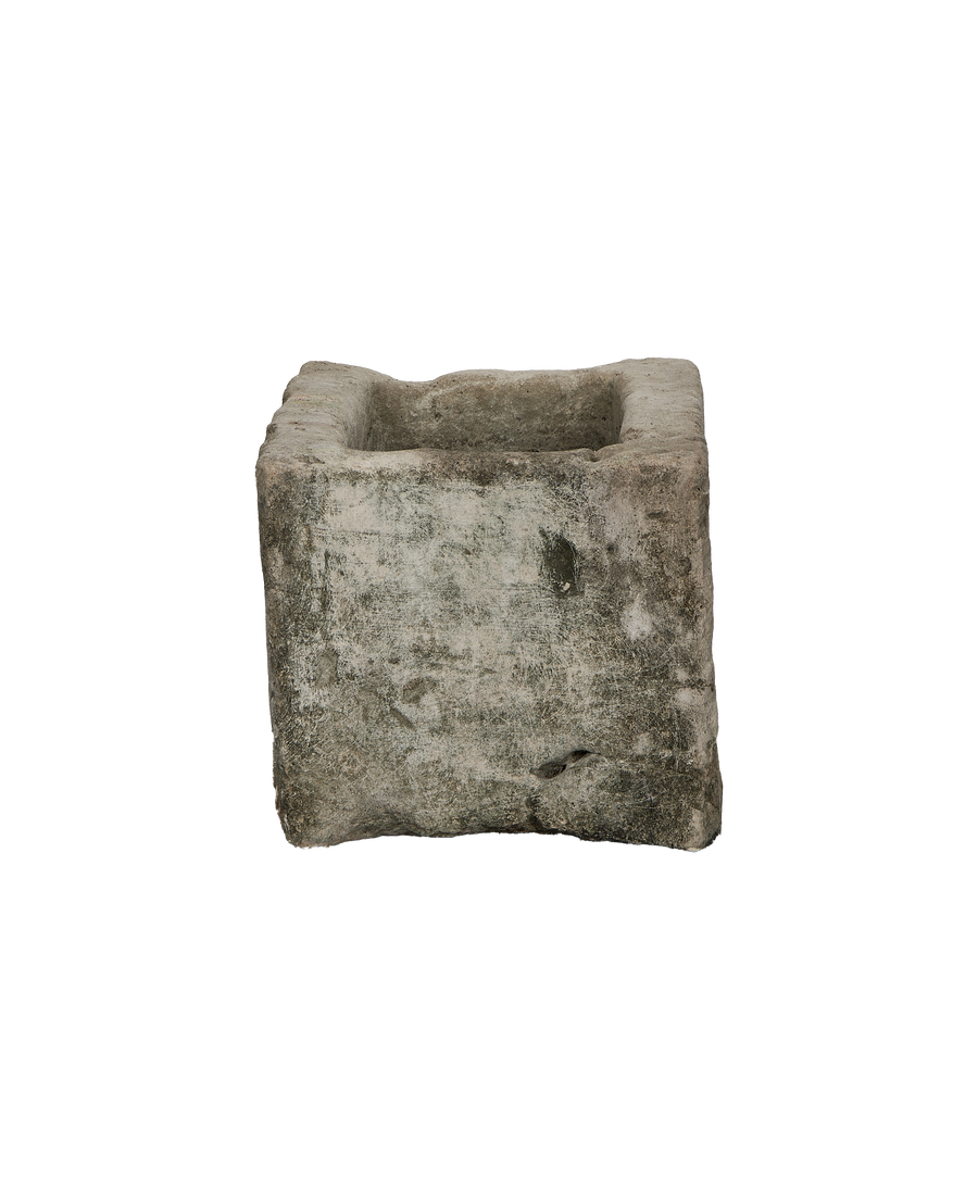 Vintage Indonesian limestone trough (Oak style), showing textured front and top views.