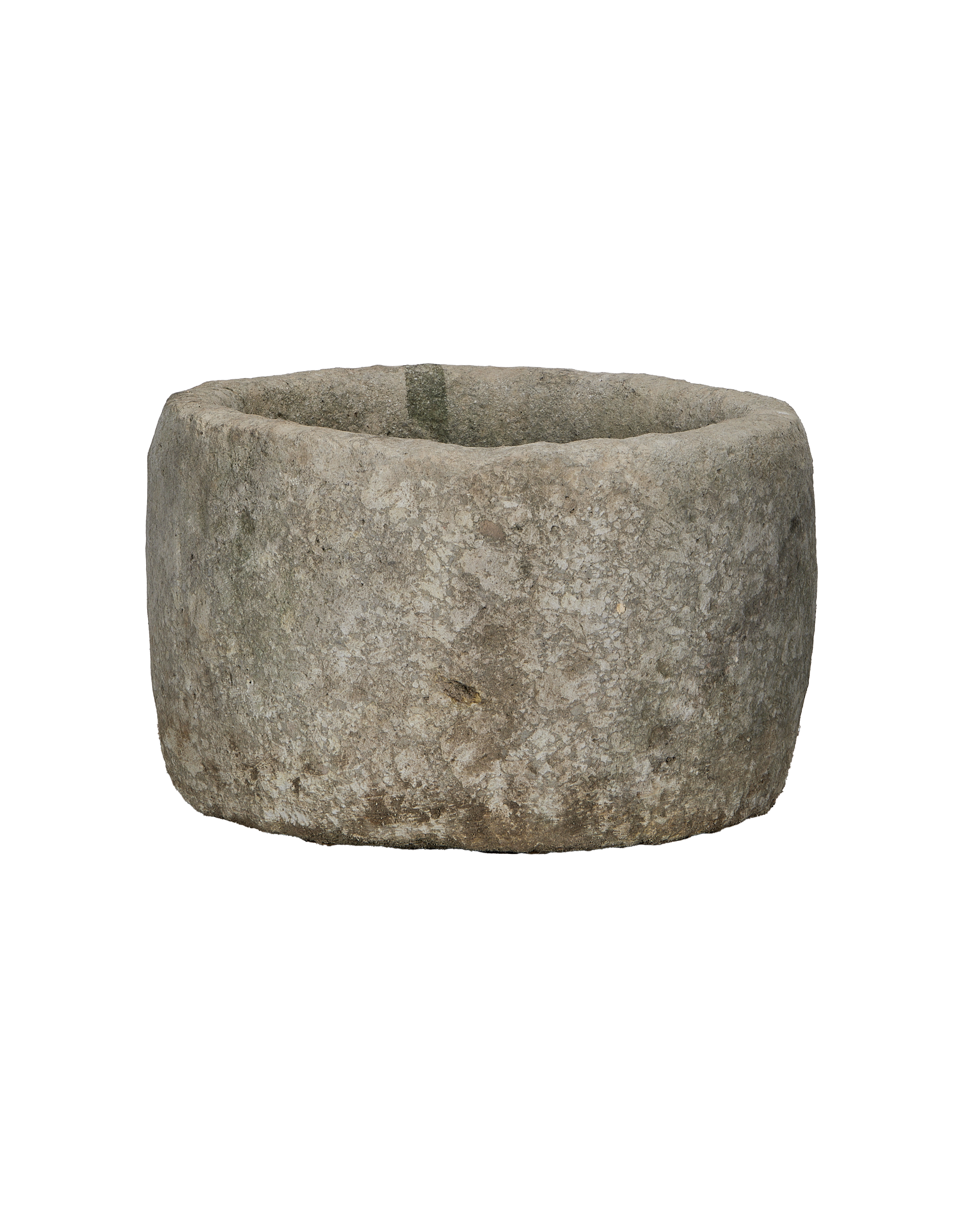 Vintage round Indonesian limestone trough, OAK style, with weathered gray and brown earthy texture.