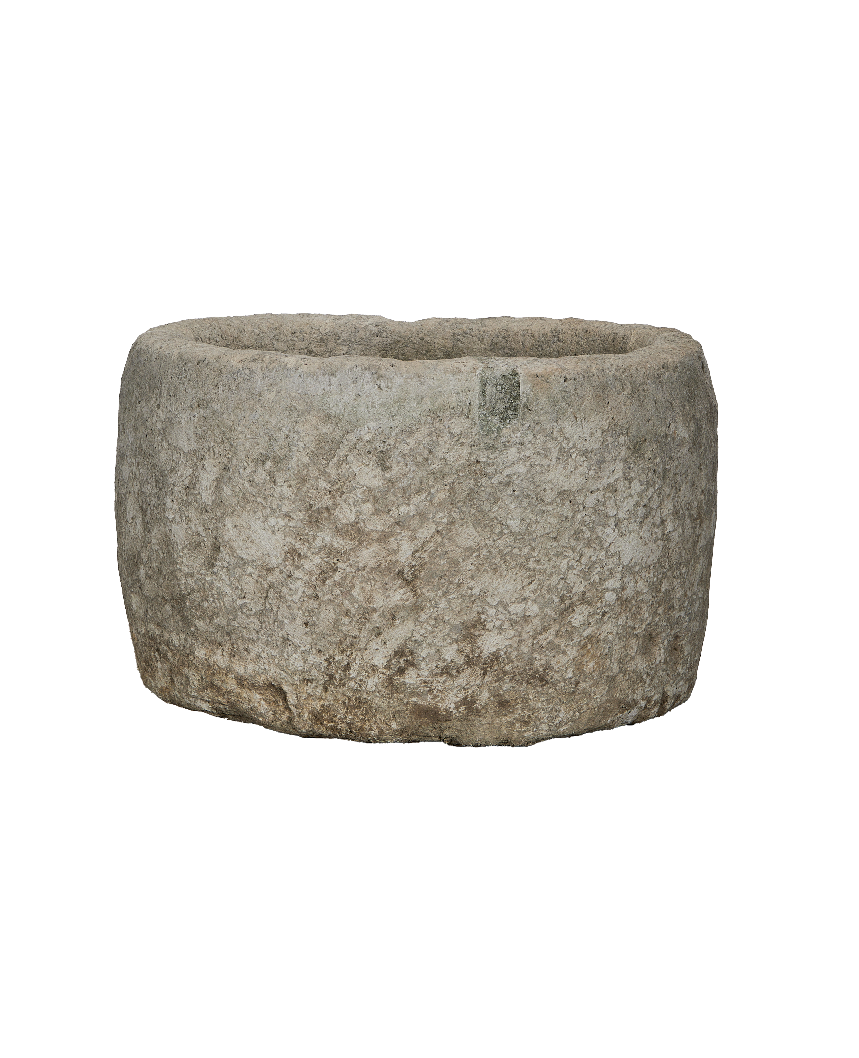 Vintage Indonesian round limestone trough, showing weathered texture from natural aging.