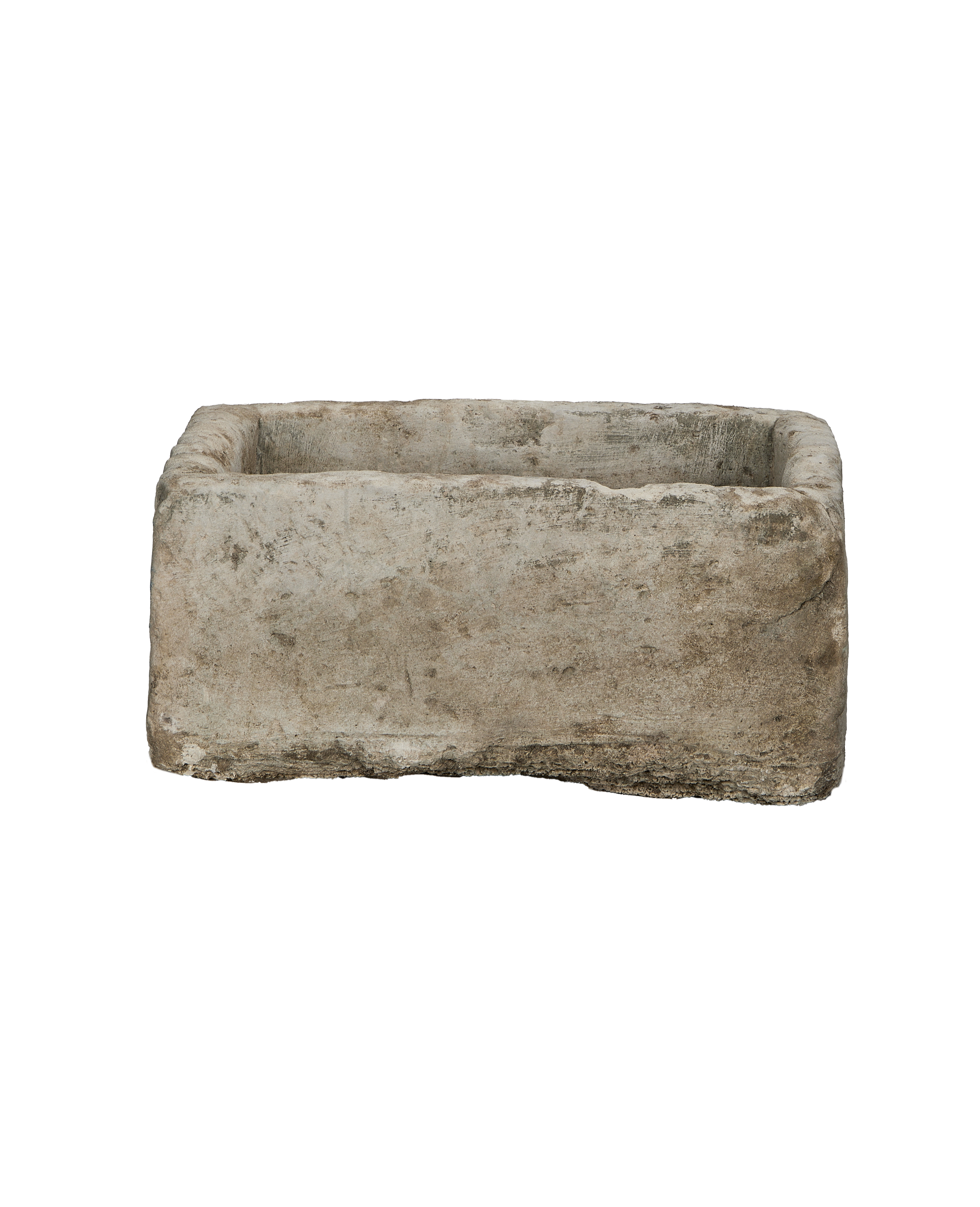 Vintage Indonesian rectangular limestone trough, top view shows weathered oak finish, great detail.