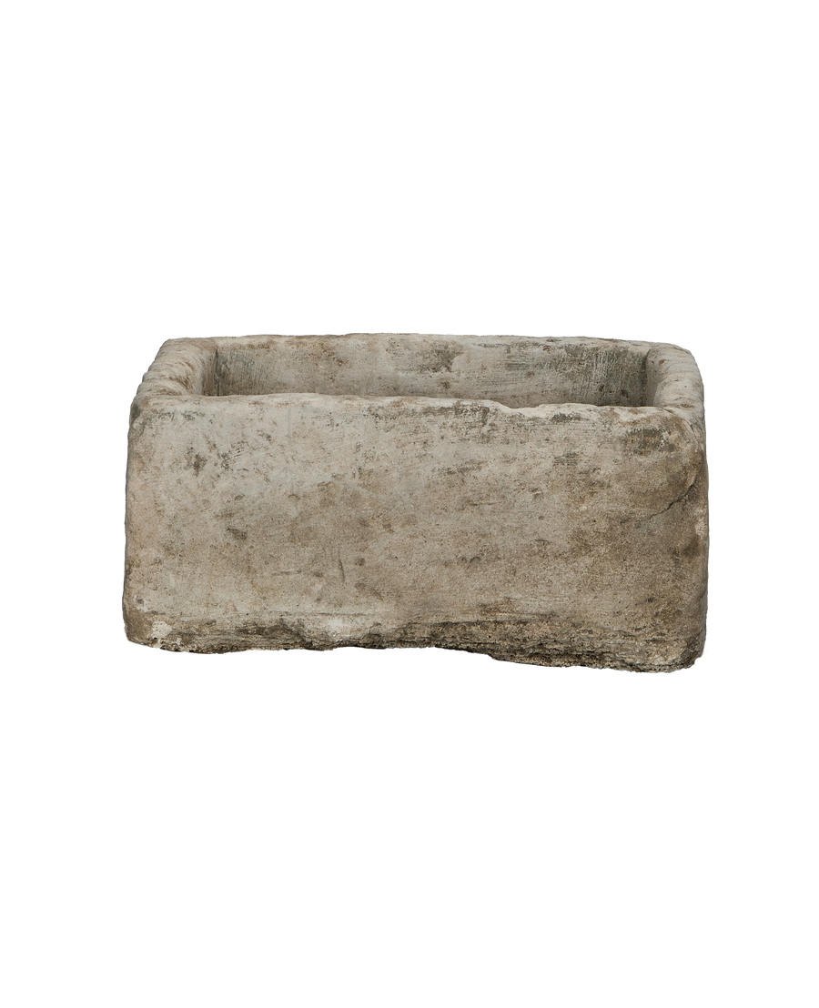 Vintage Indonesian rectangular limestone trough, top view shows weathered oak finish, great detail.