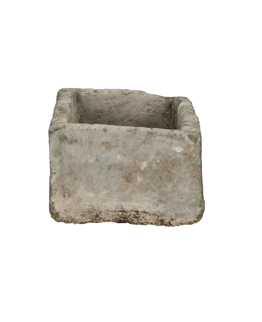 Vintage Indonesian limestone trough (Oak), weathered rectangular shape, showcasing textured exterior.