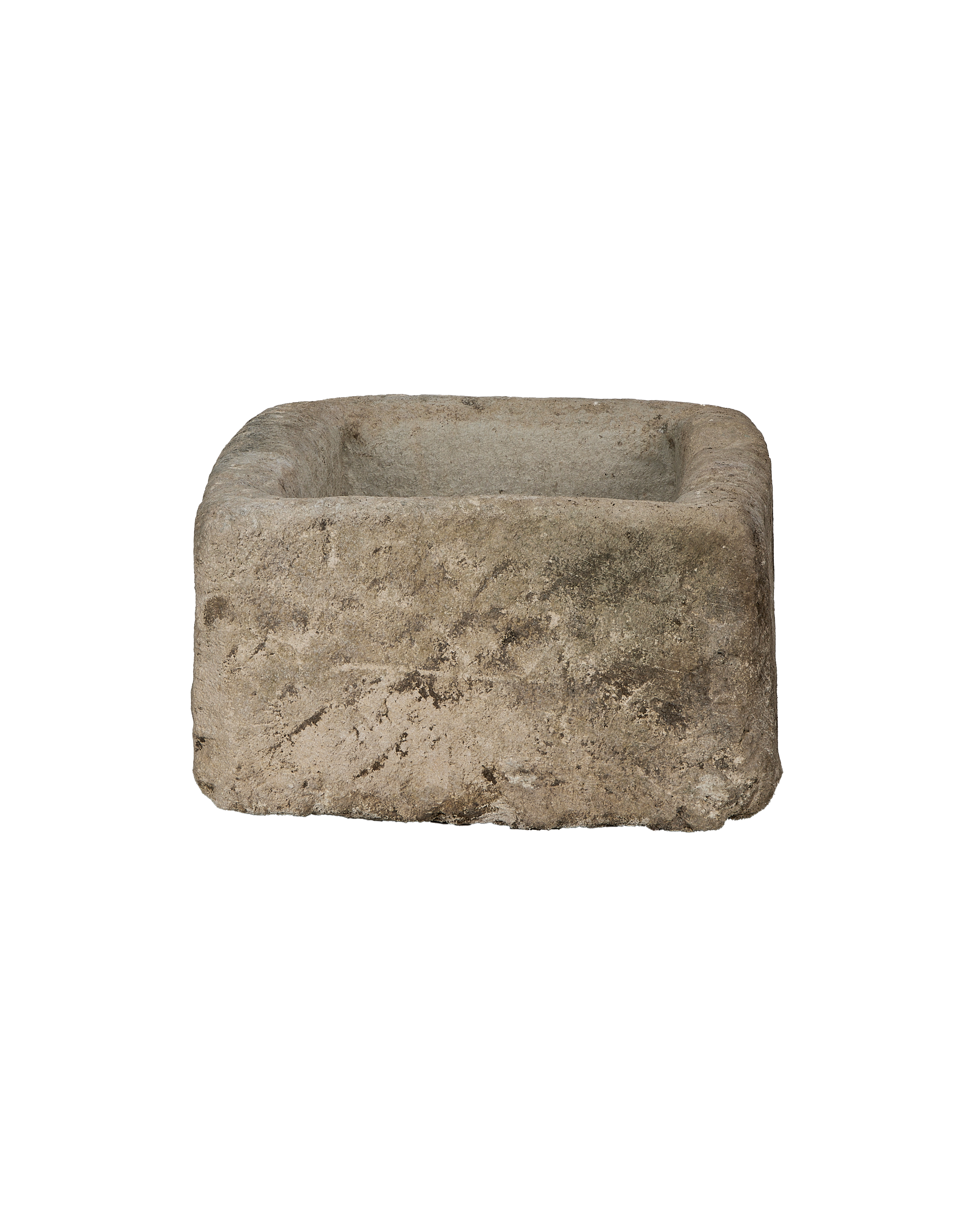 Vintage rectangular limestone trough, close-up showing rough texture and weathered finish.