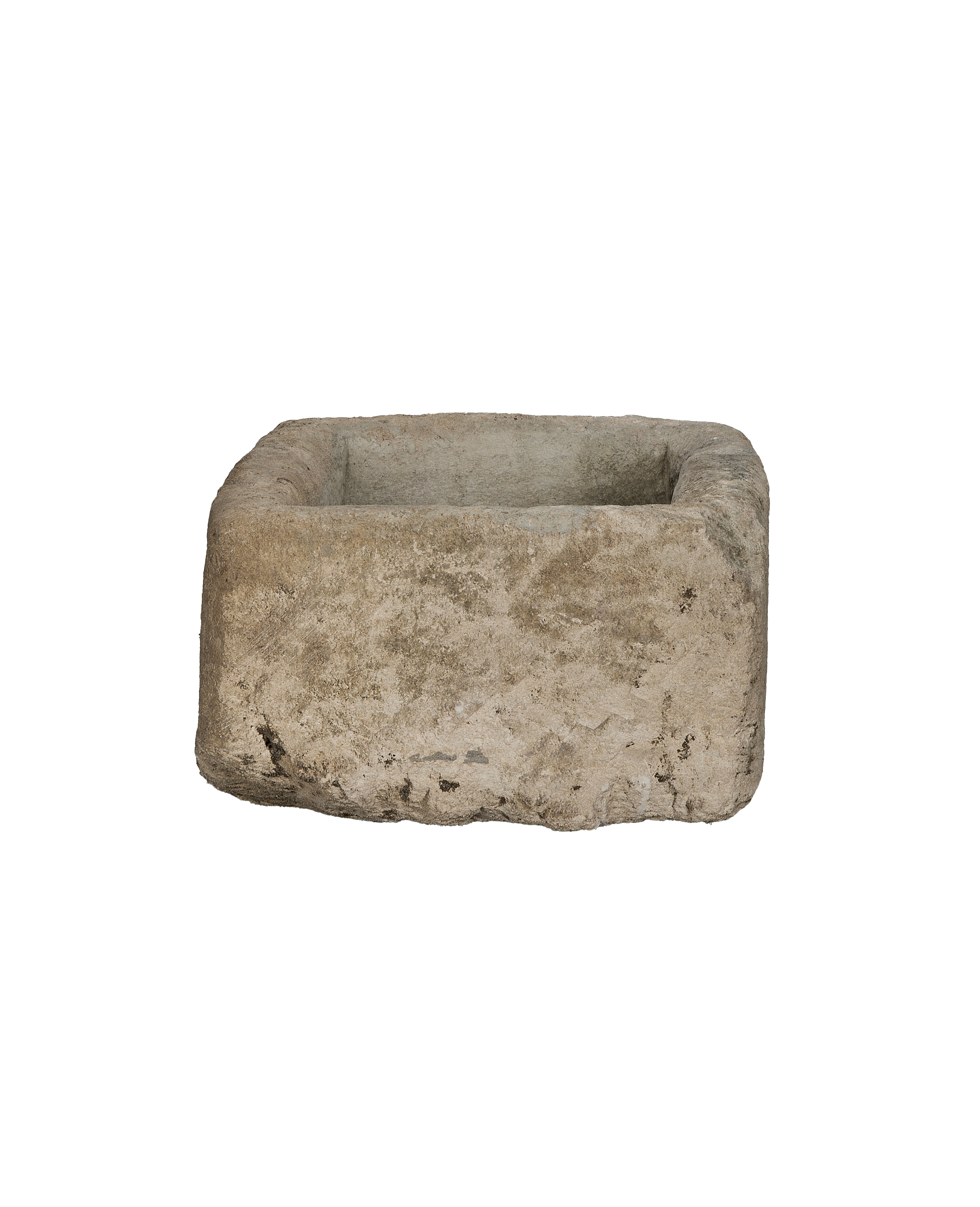 Vintage Indonesian rectangular limestone trough, front view highlighting aged, weathered texture.