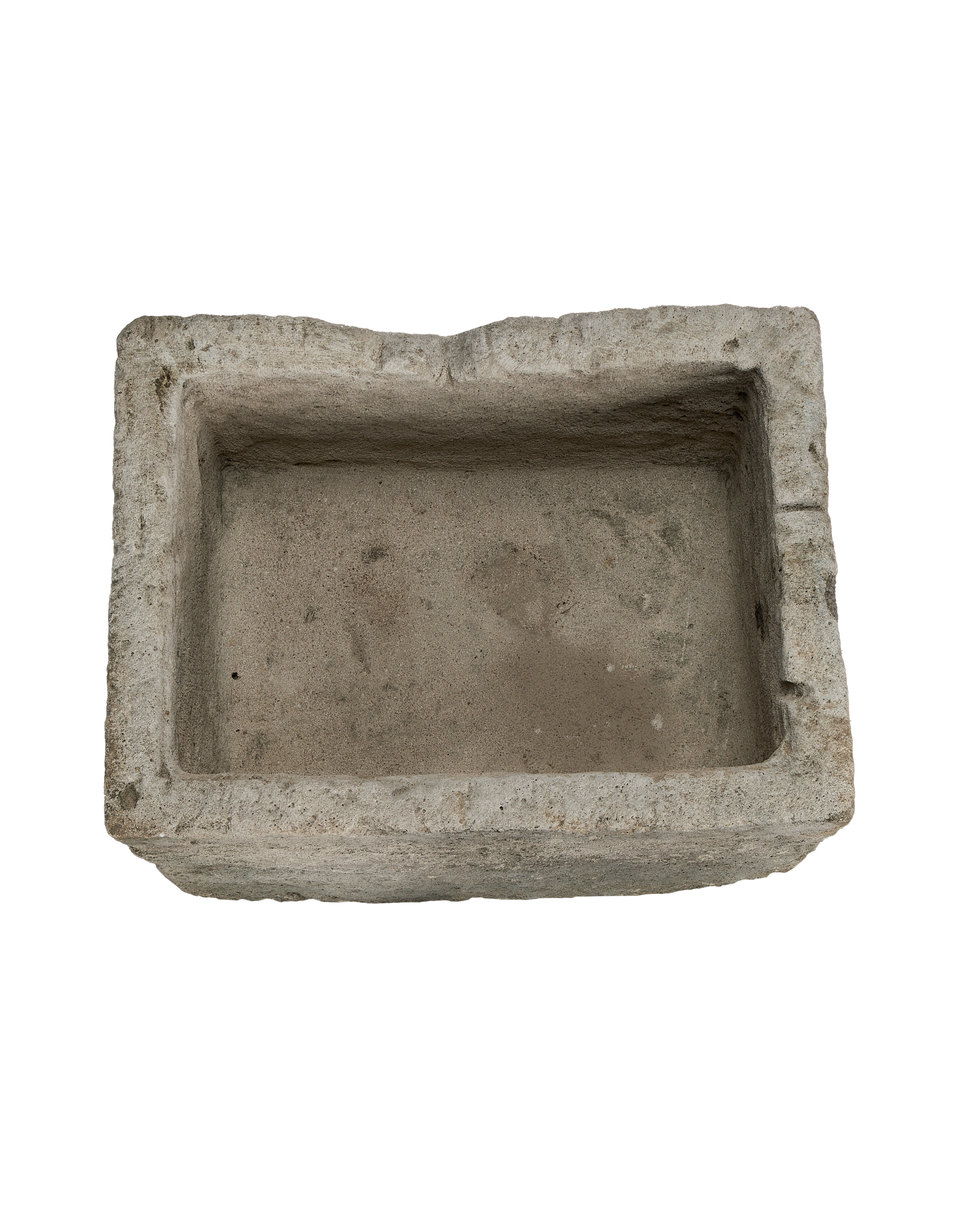 Vintage Indonesian limestone trough, top-down view highlighting the rectangular basin and weathered texture.