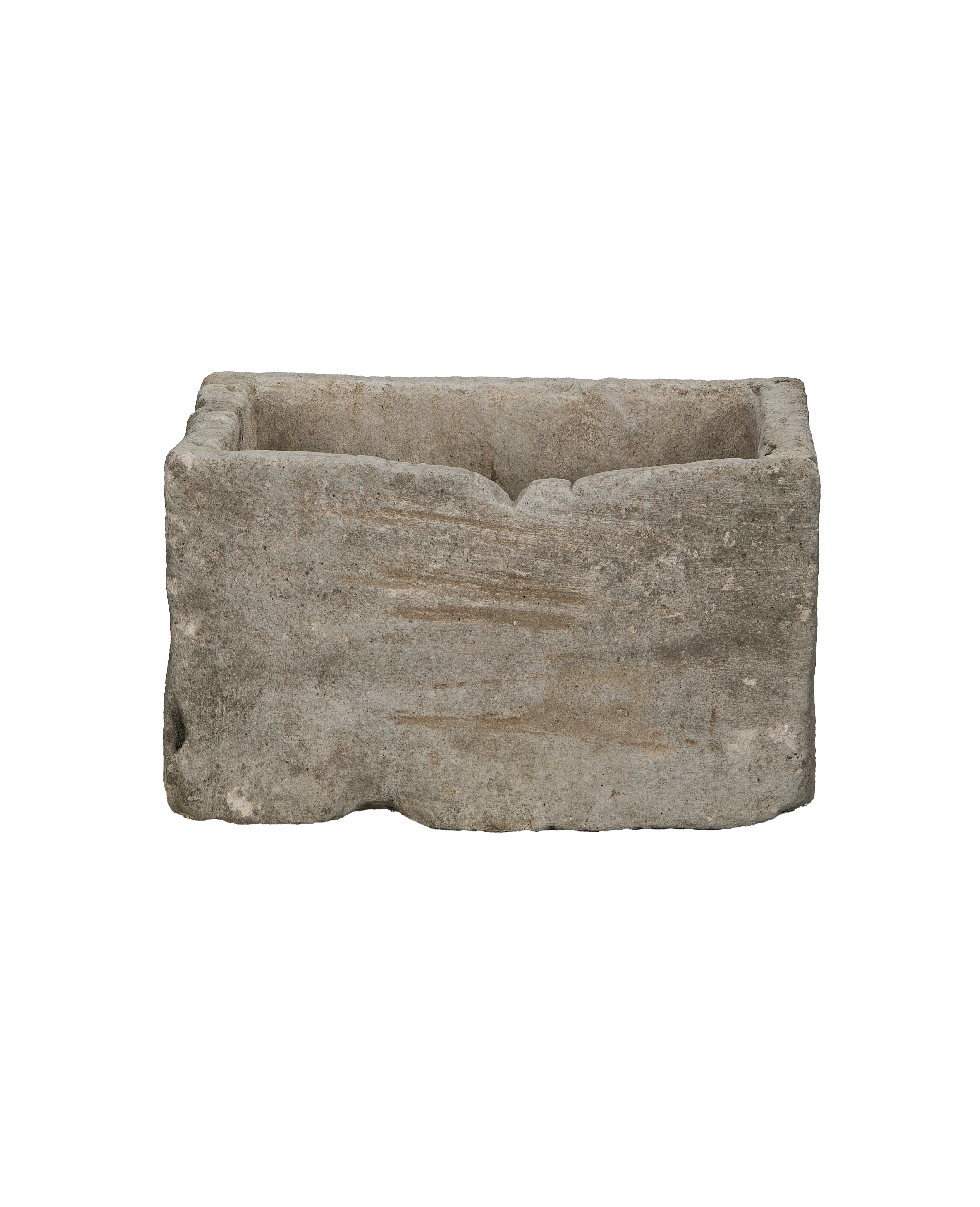 Vintage Indonesian limestone trough, rectangular, rough textured surface with slight indentation on front edge.