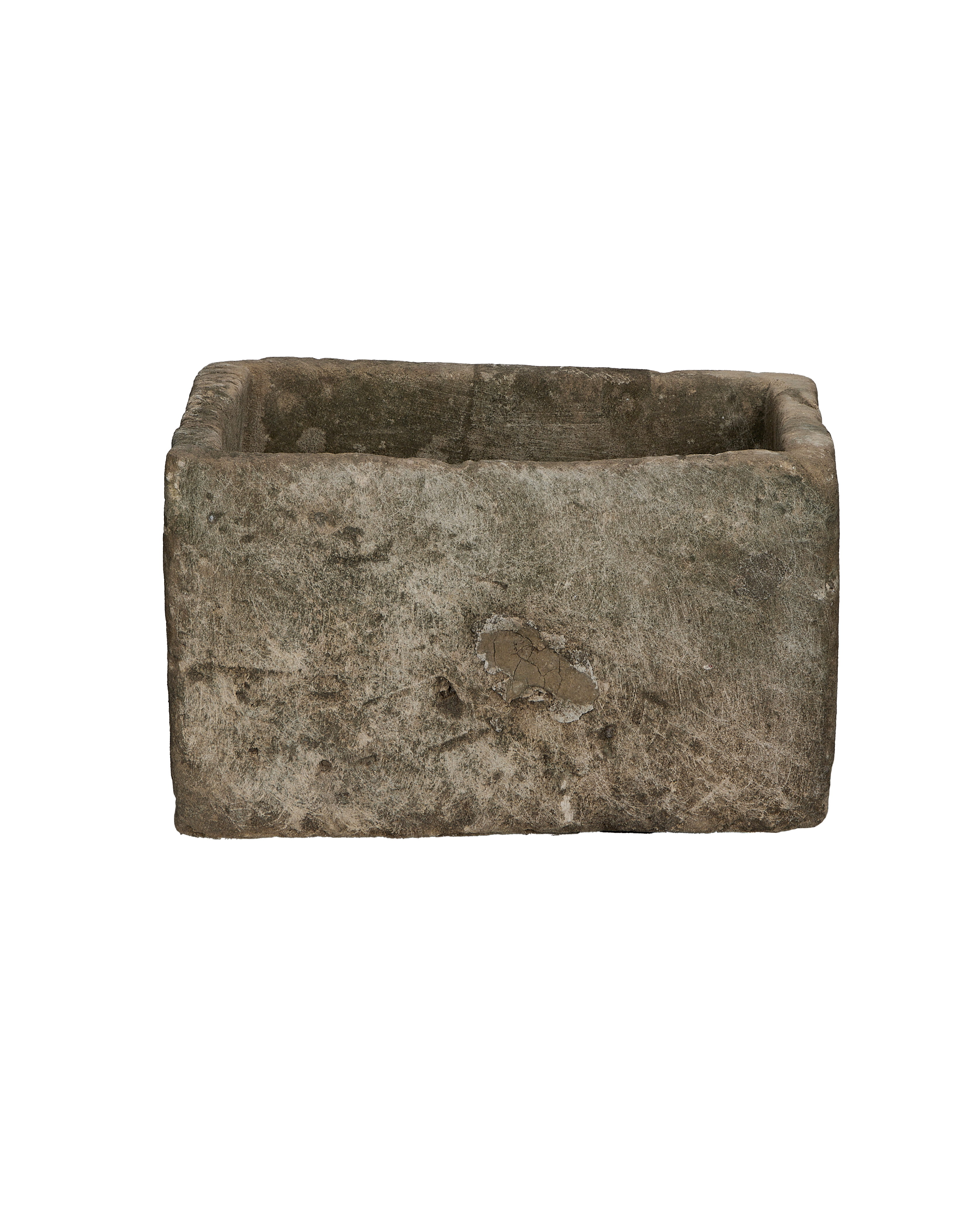 Vintage rectangular Indonesian limestone trough with weathered grey stone patina, top view.