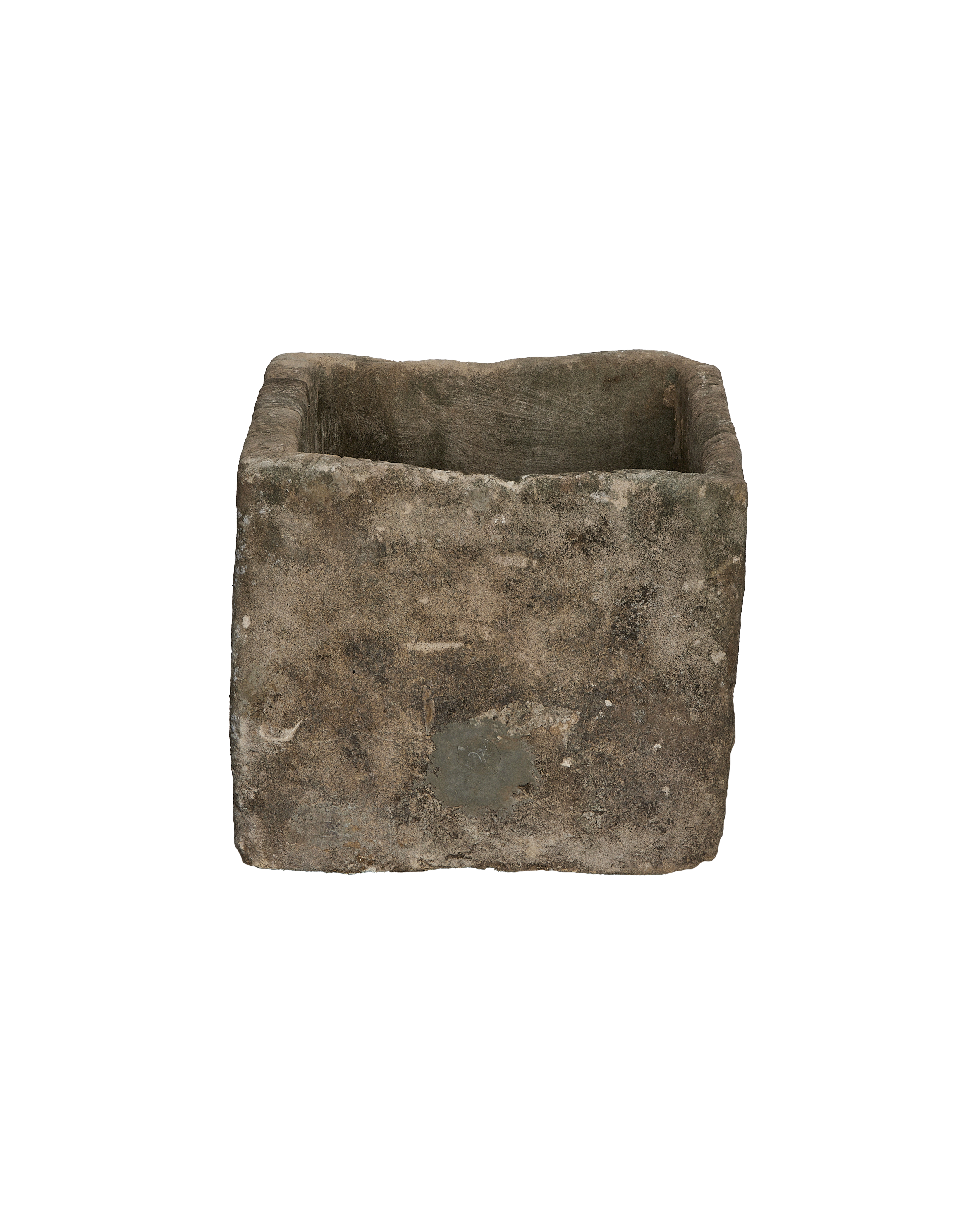 Rectangular vintage Indonesian limestone trough, showcasing textured weathered sides with a mottled gray-brown patina.