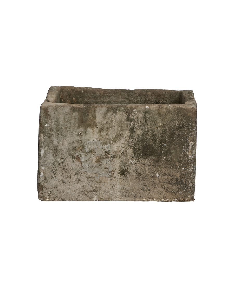 Vintage rectangle limestone trough, Indonesian, showing weathered patina and texture on wide side.