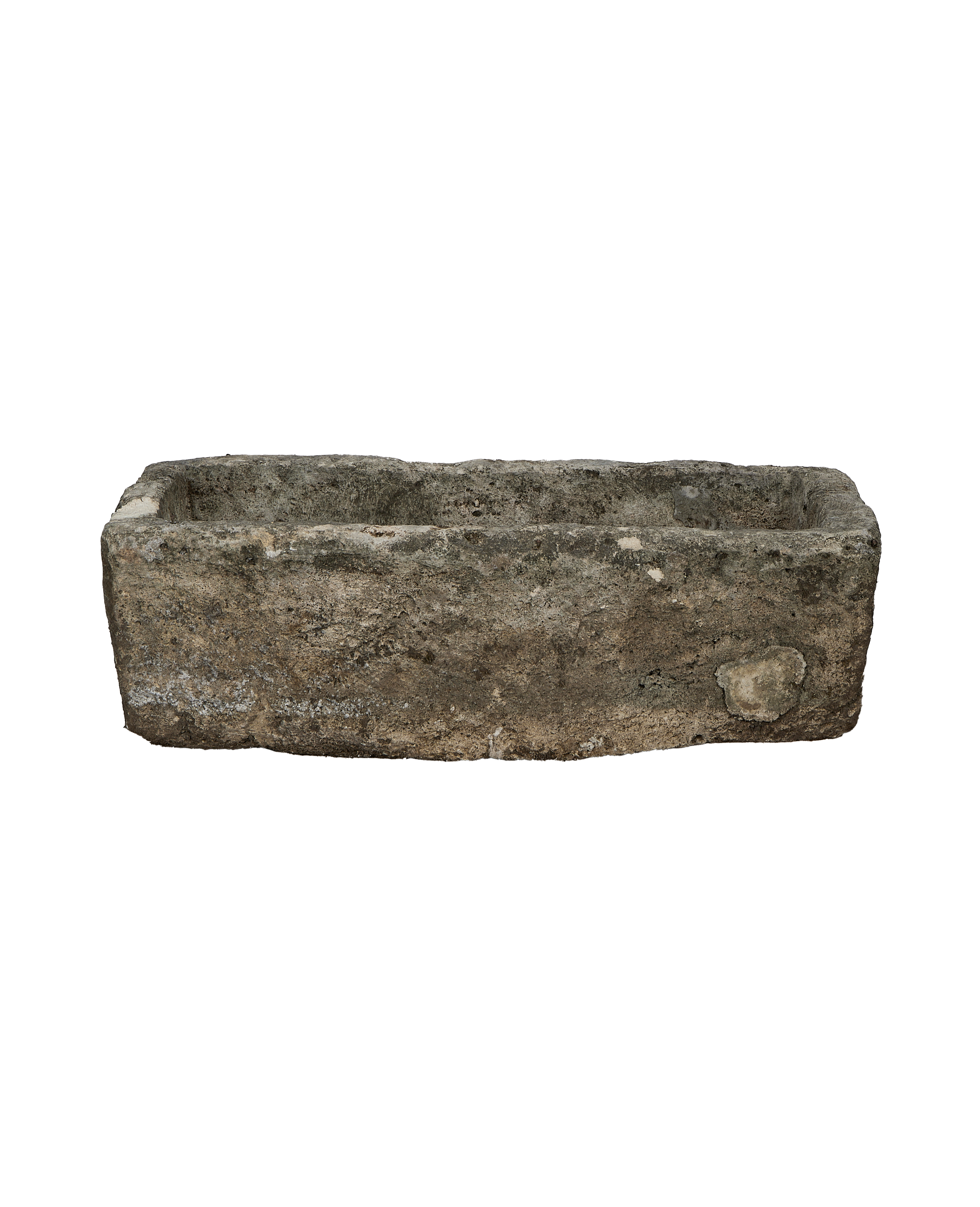 Vintage rectangular limestone trough, weathered gray-brown surface, from Indonesia.