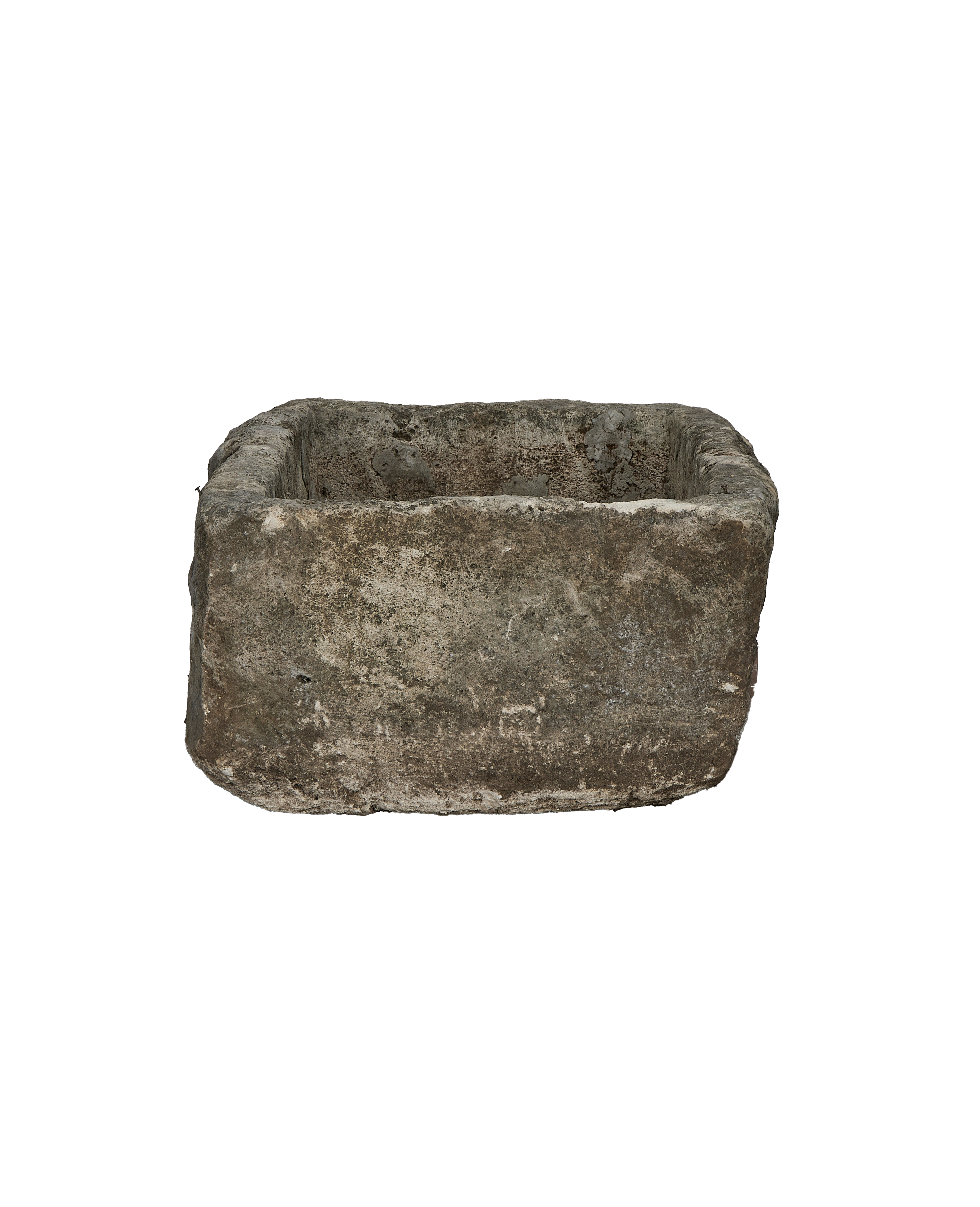 Vintage limestone trough from Indonesia, weathered with distinctive textural variations, viewed from above.